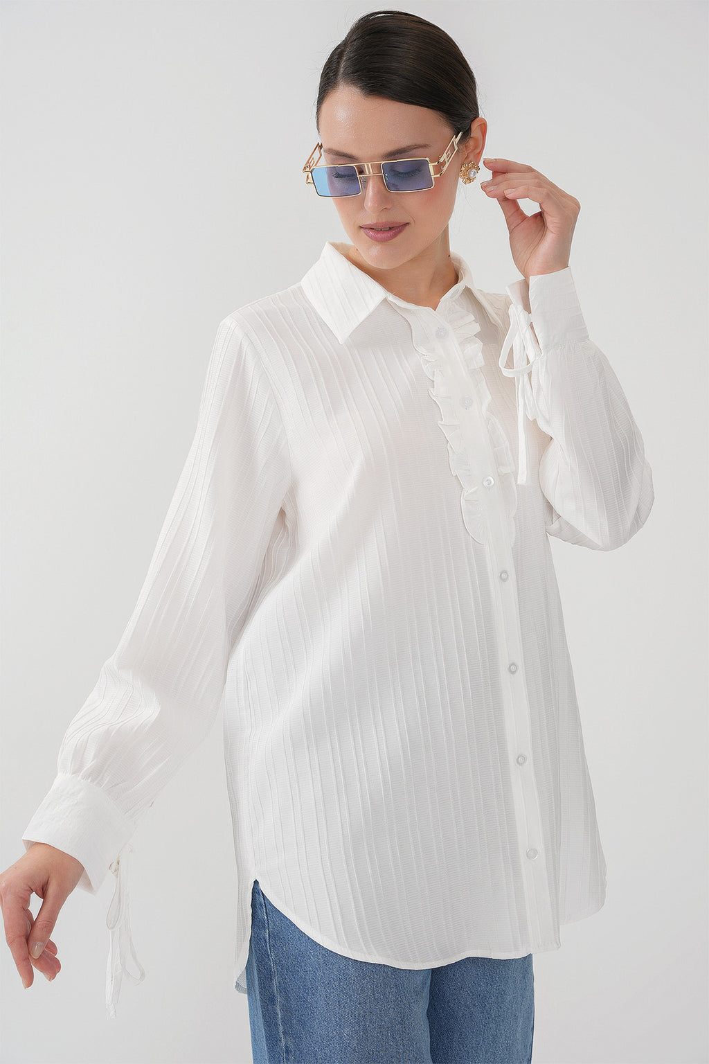 Fırfırlı Uzun Gömlek Tunik 5953 - Beyaz