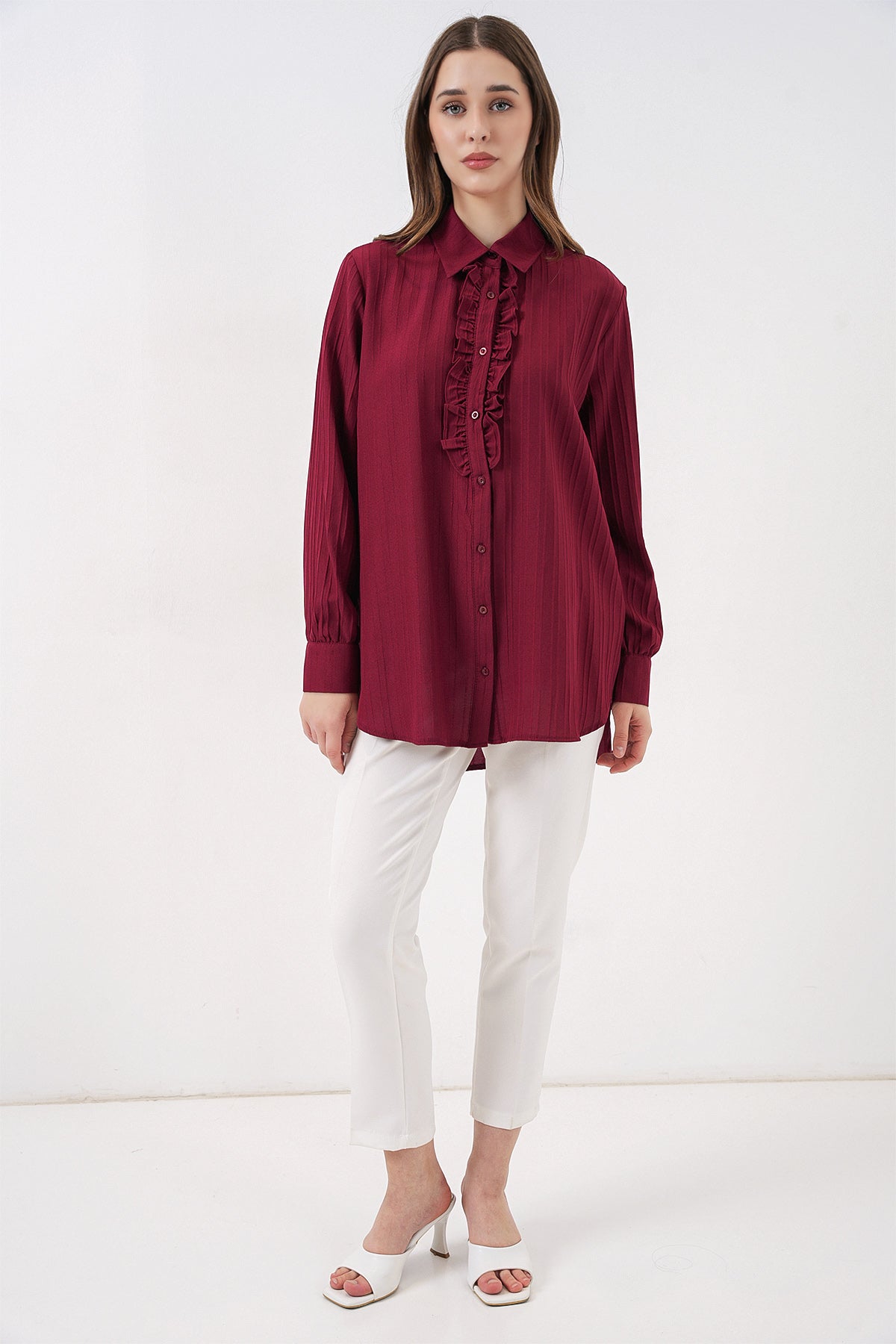 Fırfırlı Uzun Gömlek Tunik 5953 - Bordo