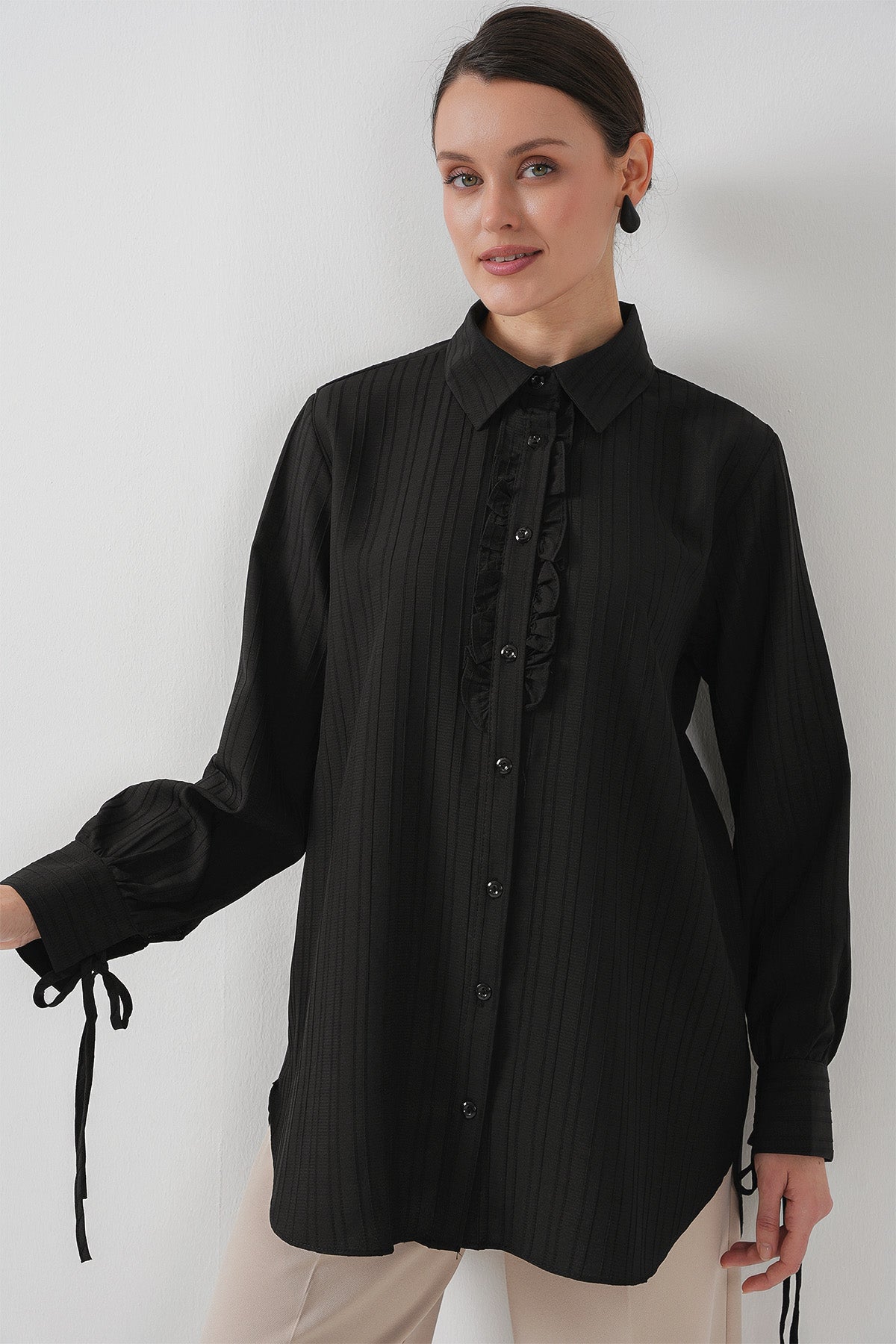 Fırfırlı Uzun Gömlek Tunik 5953 - Siyah