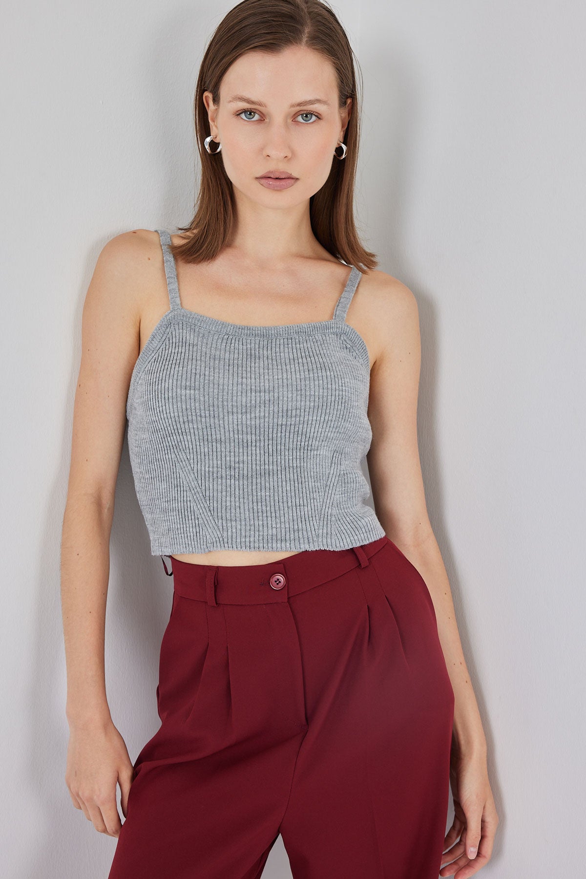Kadın Askılı Crop Top Bluz 15934 - Gri