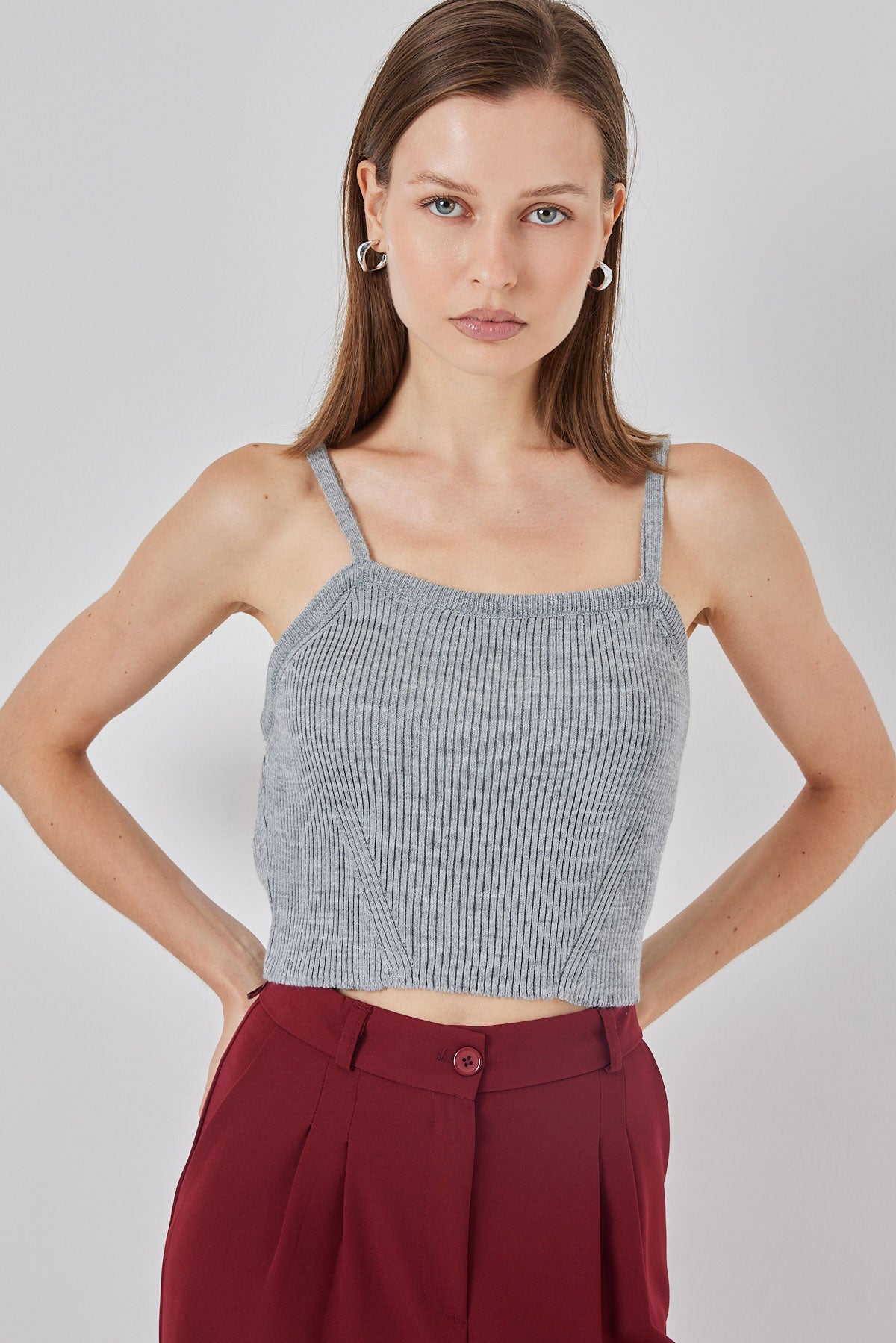 Kadın Askılı Crop Top Bluz 15934 - Gri