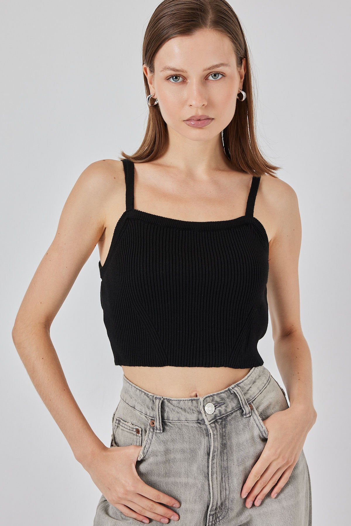 Kadın Askılı Crop Top Bluz 15934 - Siyah