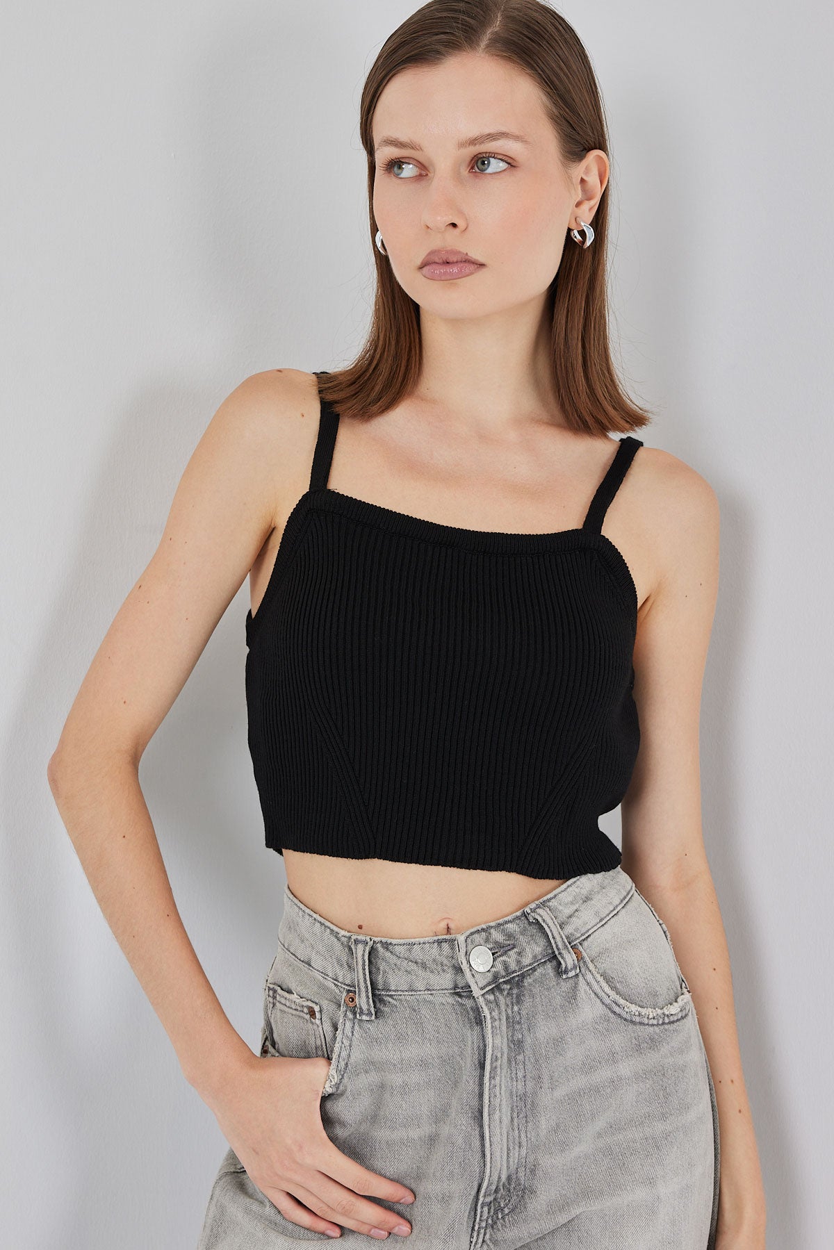 Kadın Askılı Crop Top Bluz 15934 - Siyah