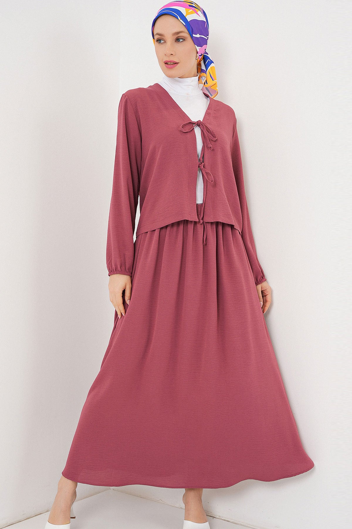 Kadın Ayrobin Kimono Etek İkili Takım 8047 - Gül Kurusu