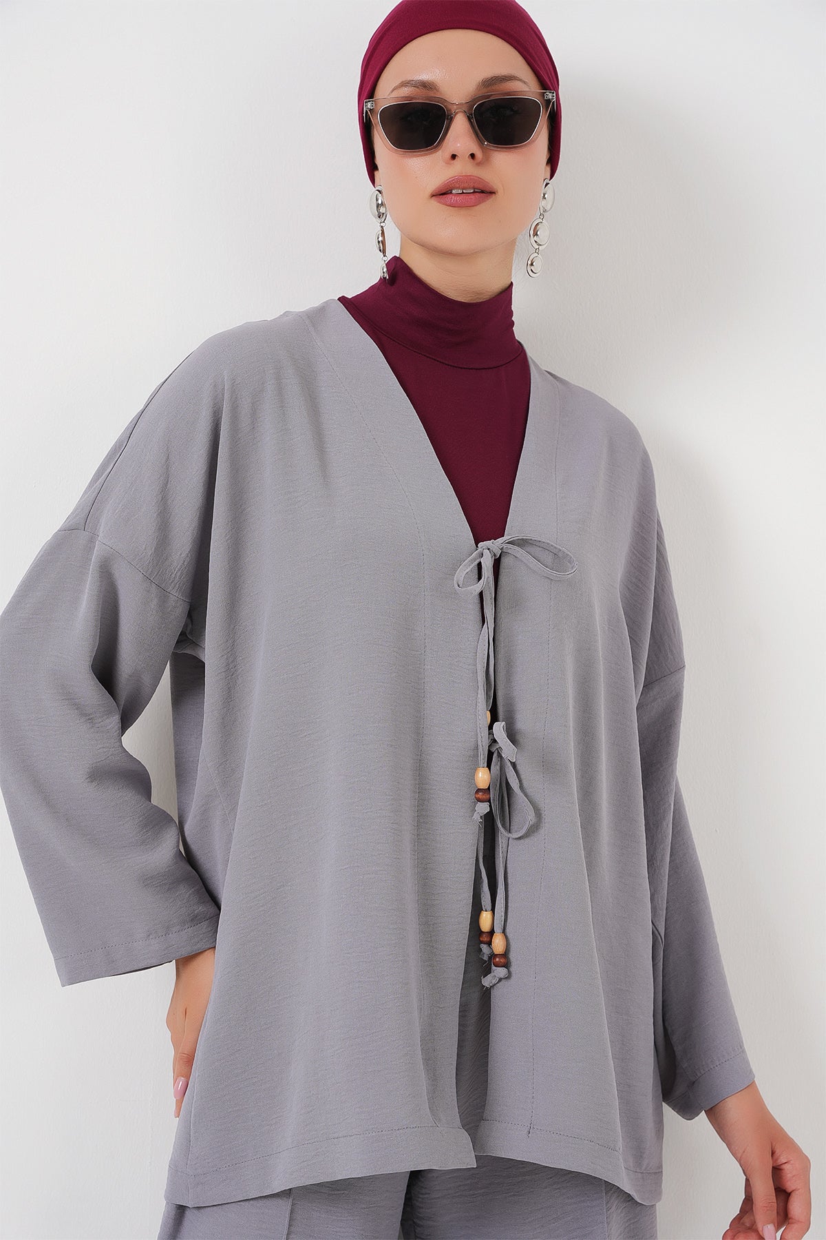 Kadın Ayrobin Kimono Pantolon İkili Takım 6739 - Gri