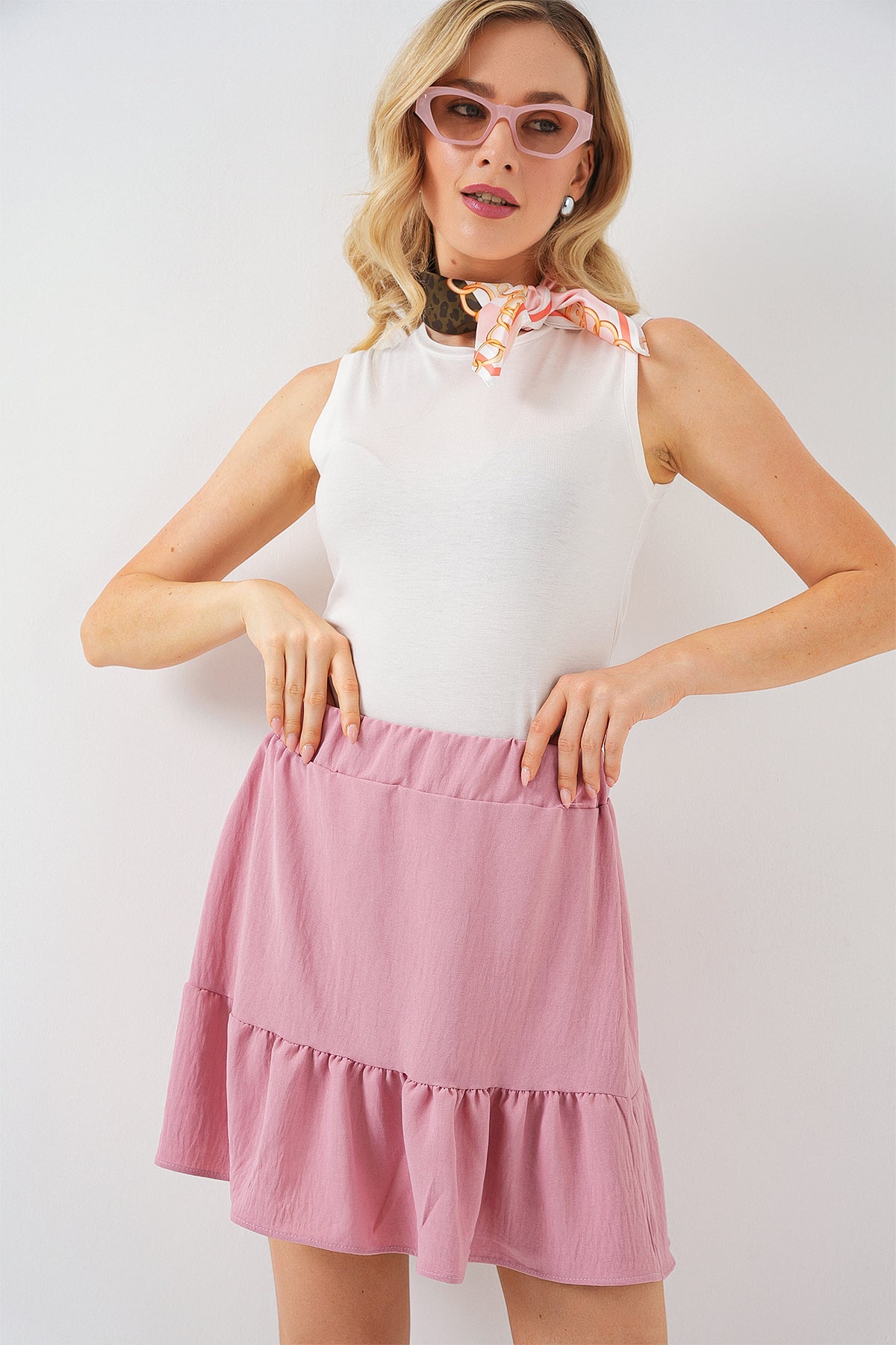 Kadın Ayrobin Mini Etek 8054 - Pudra