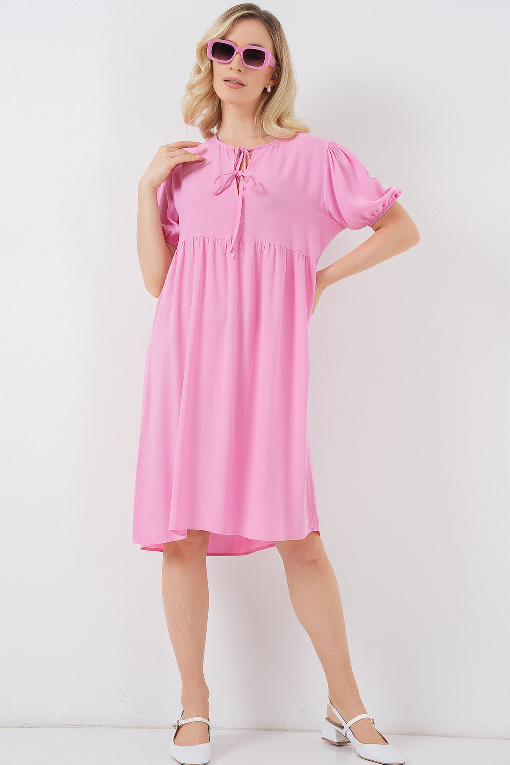 Kadın Bağcıklı Midi Elbise 2575 - Pembe