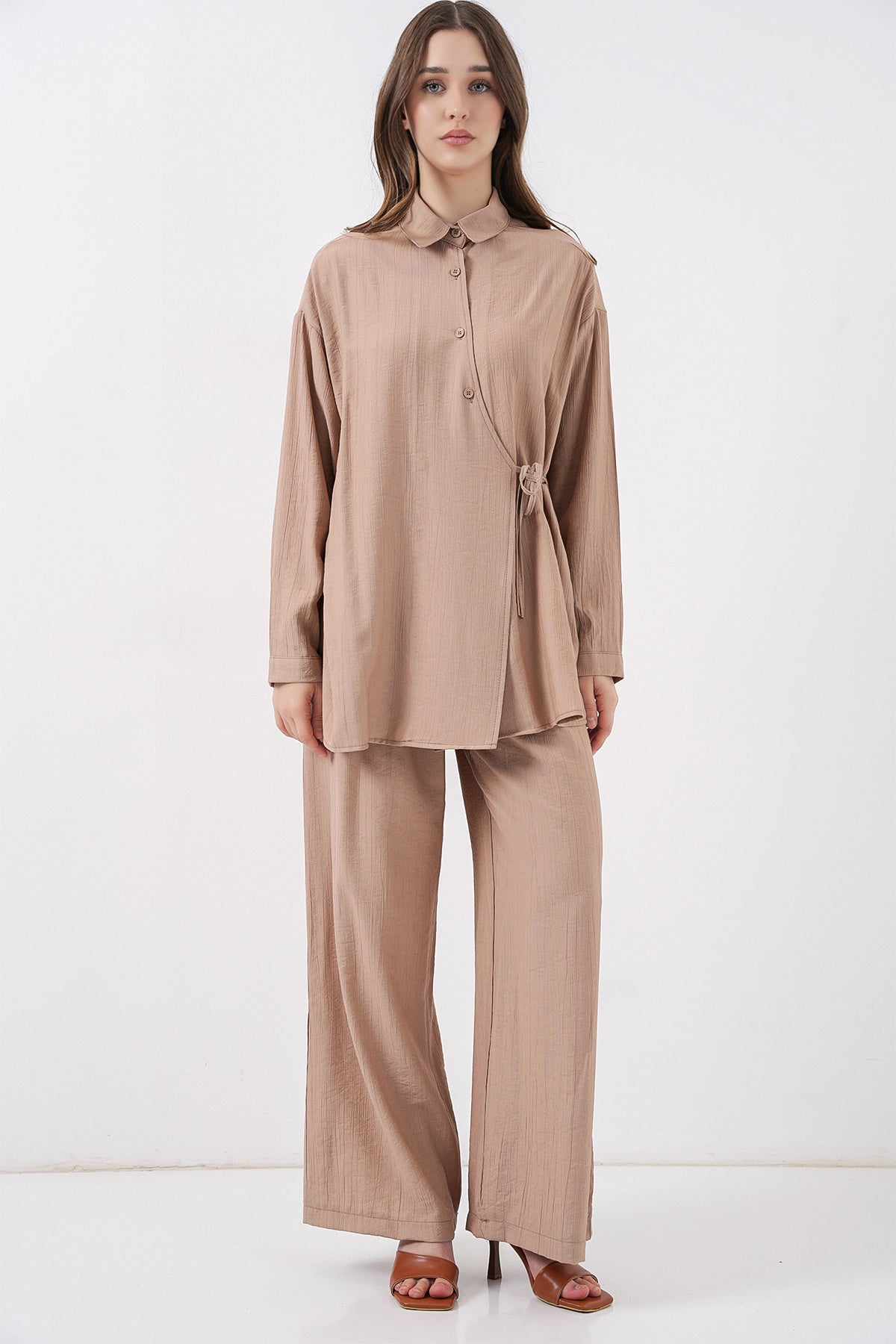Kadın Bağcıklı Tunik Pantolon İkili Takım 6752 - Bej