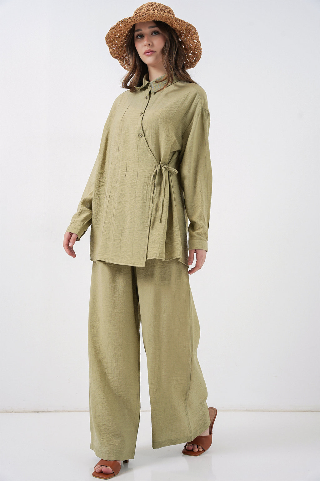 Kadın Bağcıklı Tunik Pantolon İkili Takım 6752 - E.Yeşil