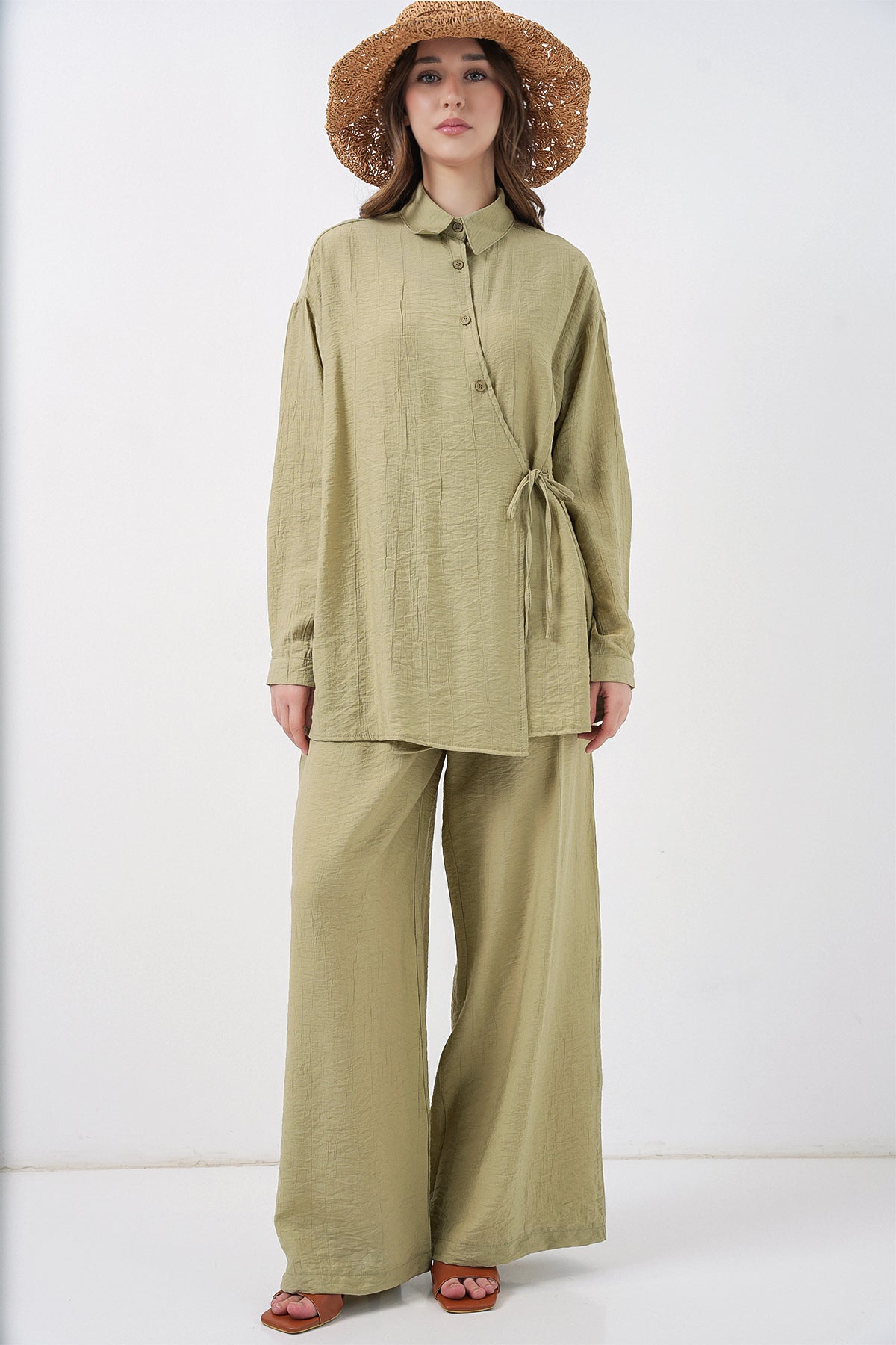 Kadın Bağcıklı Tunik Pantolon İkili Takım 6752 - E.Yeşil