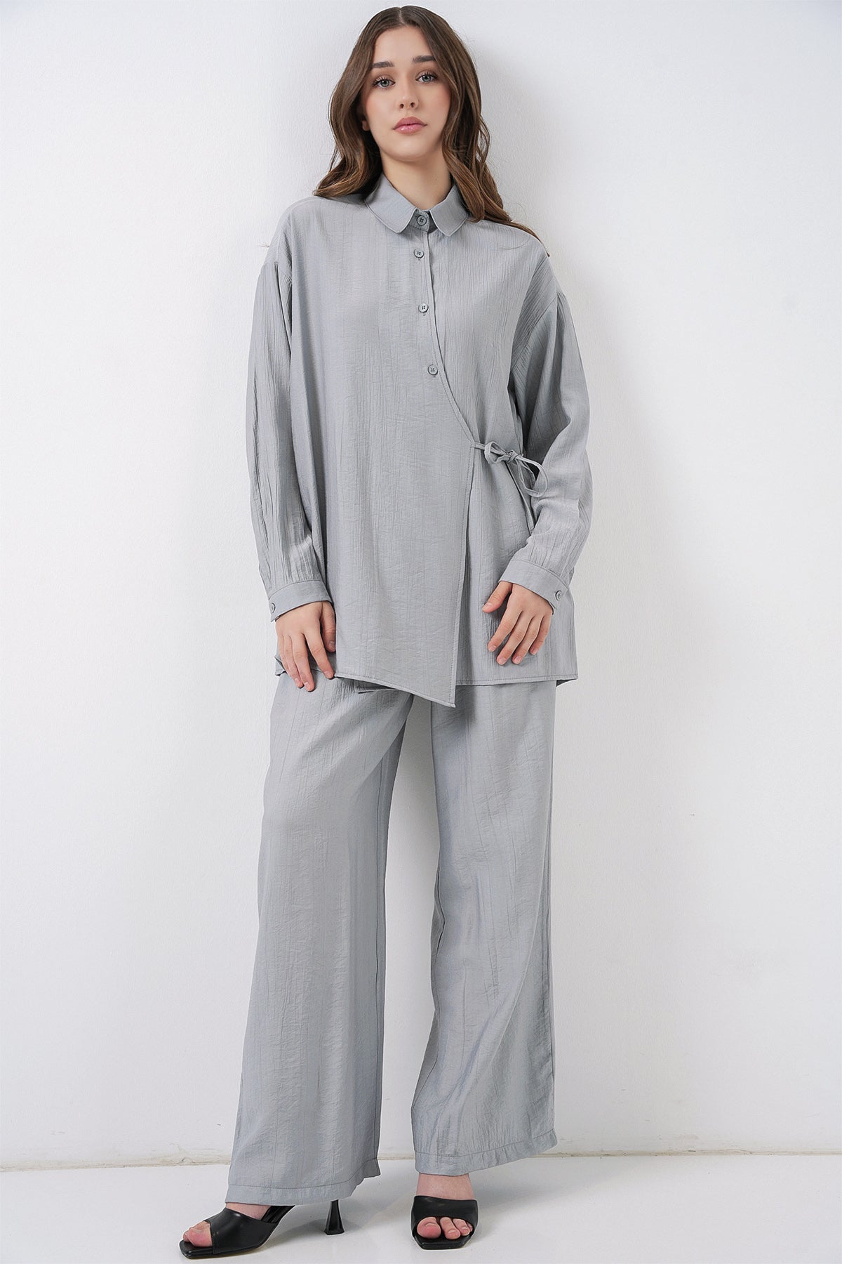 Kadın Bağcıklı Tunik Pantolon İkili Takım 6752 - Gri
