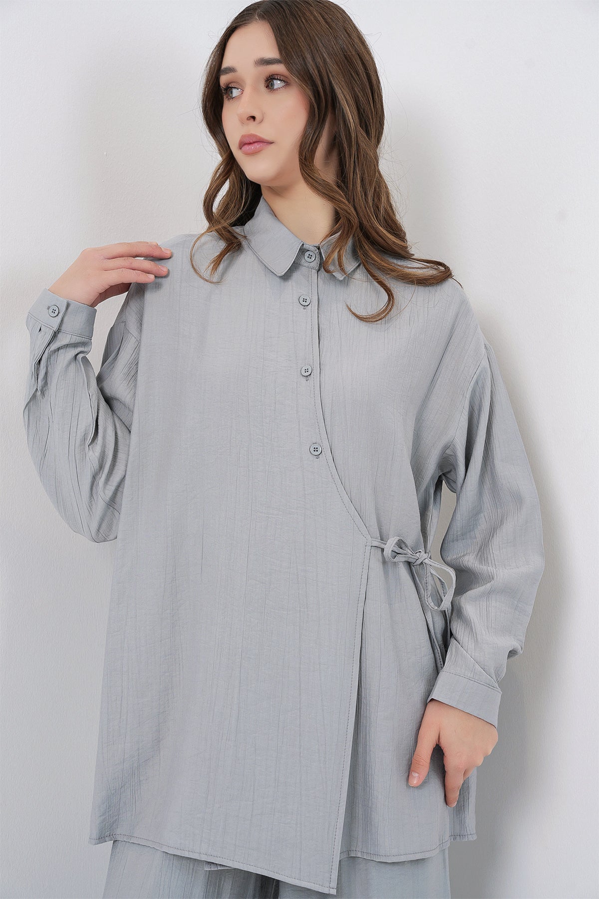 Kadın Bağcıklı Tunik Pantolon İkili Takım 6752 - Gri