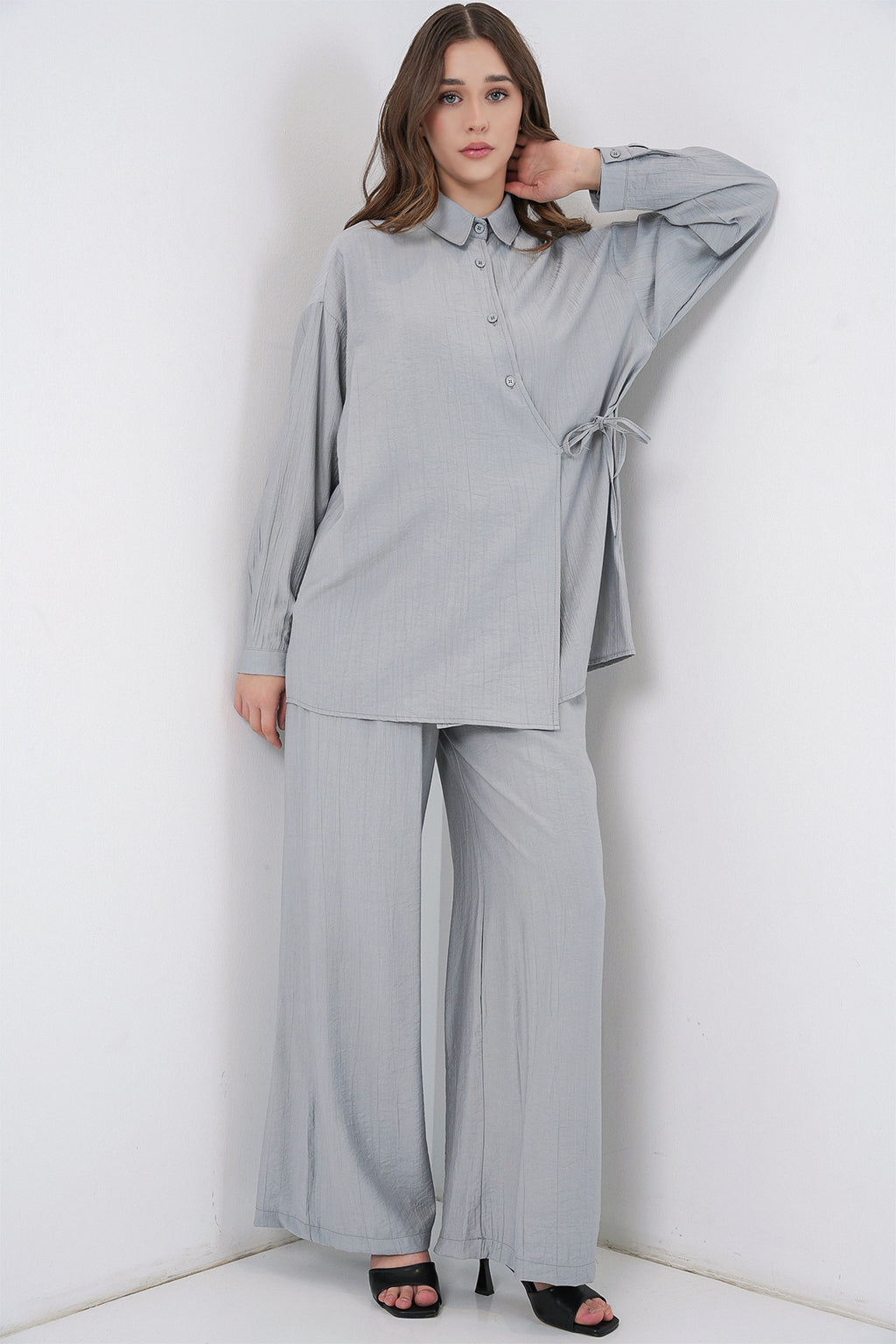 Kadın Bağcıklı Tunik Pantolon İkili Takım 6752 - Gri