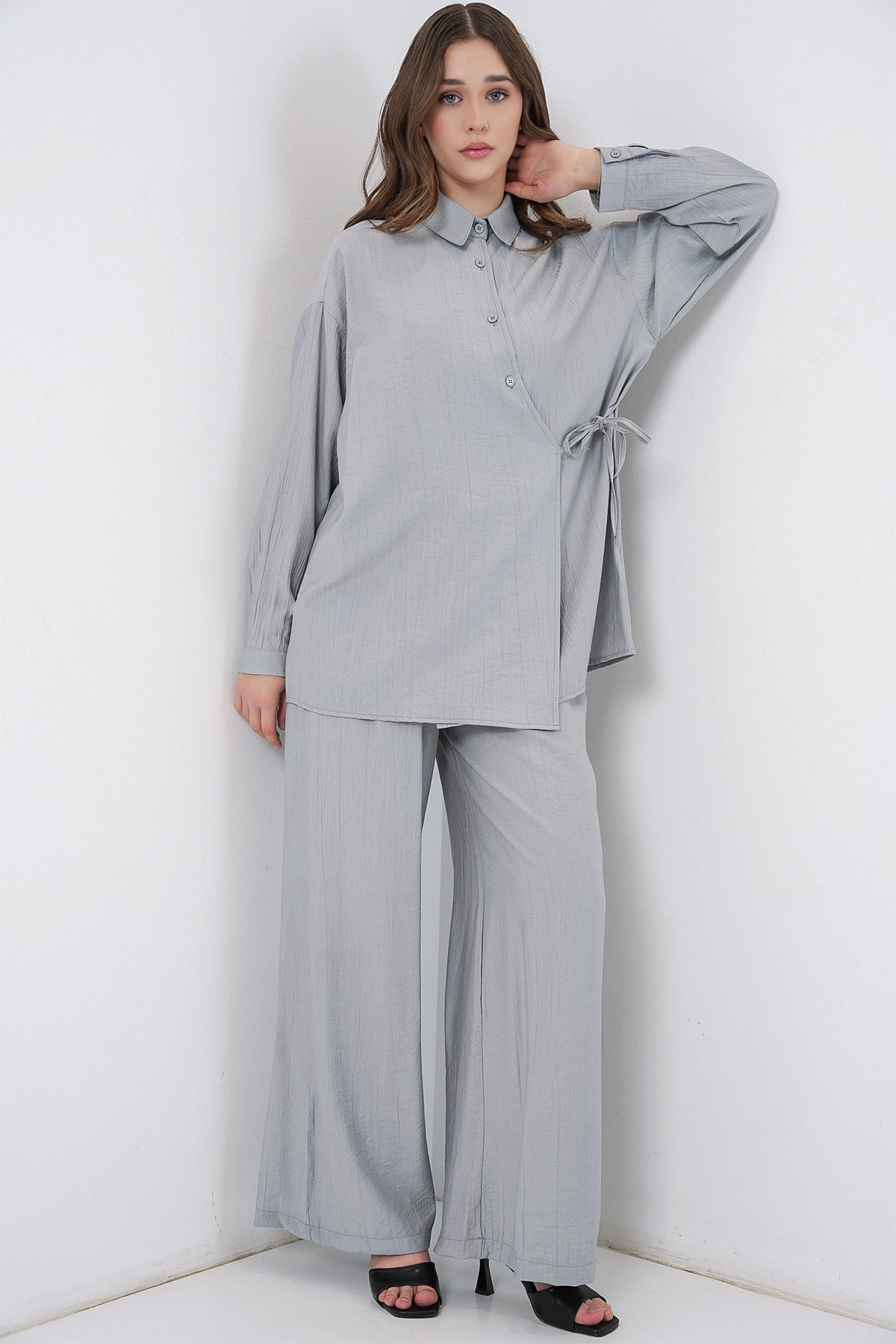 Kadın Bağcıklı Tunik Pantolon İkili Takım 6752 - Gri