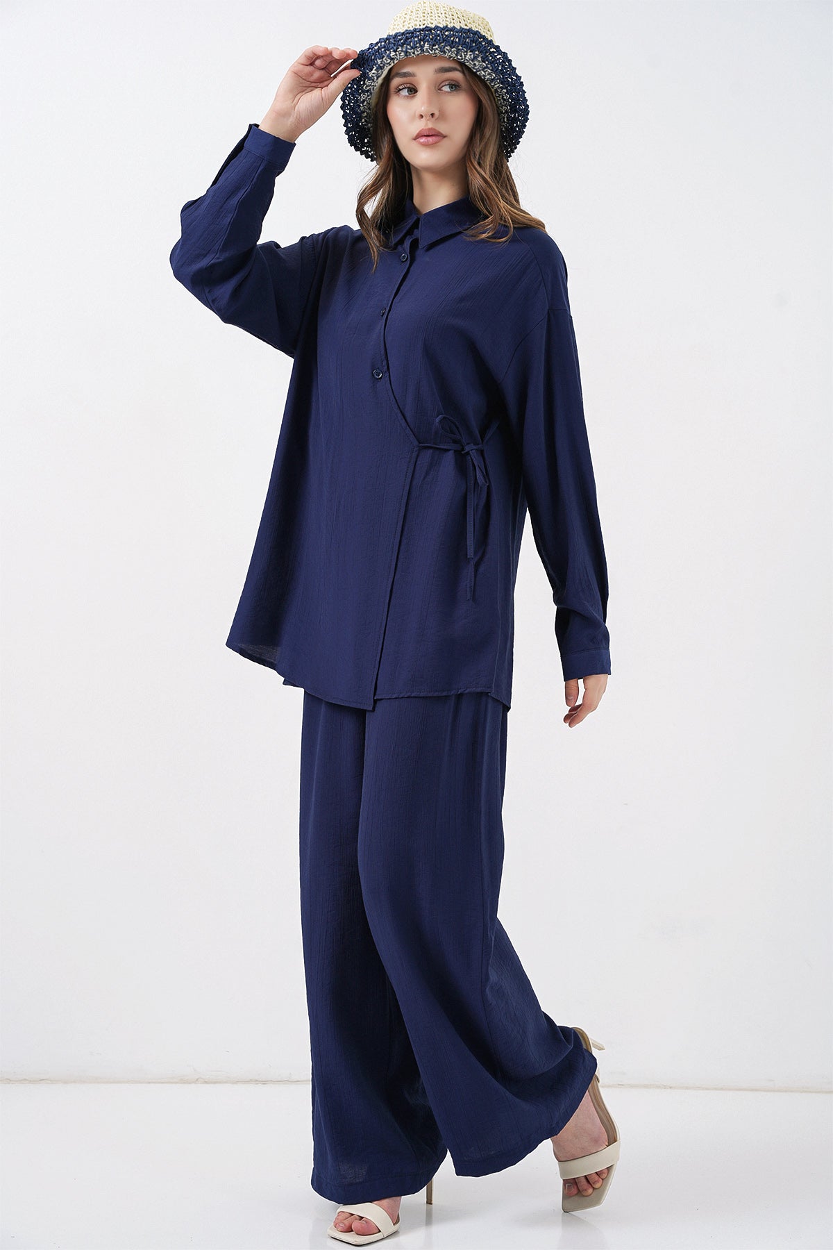 Kadın Bağcıklı Tunik Pantolon İkili Takım 6752 - Lacivert