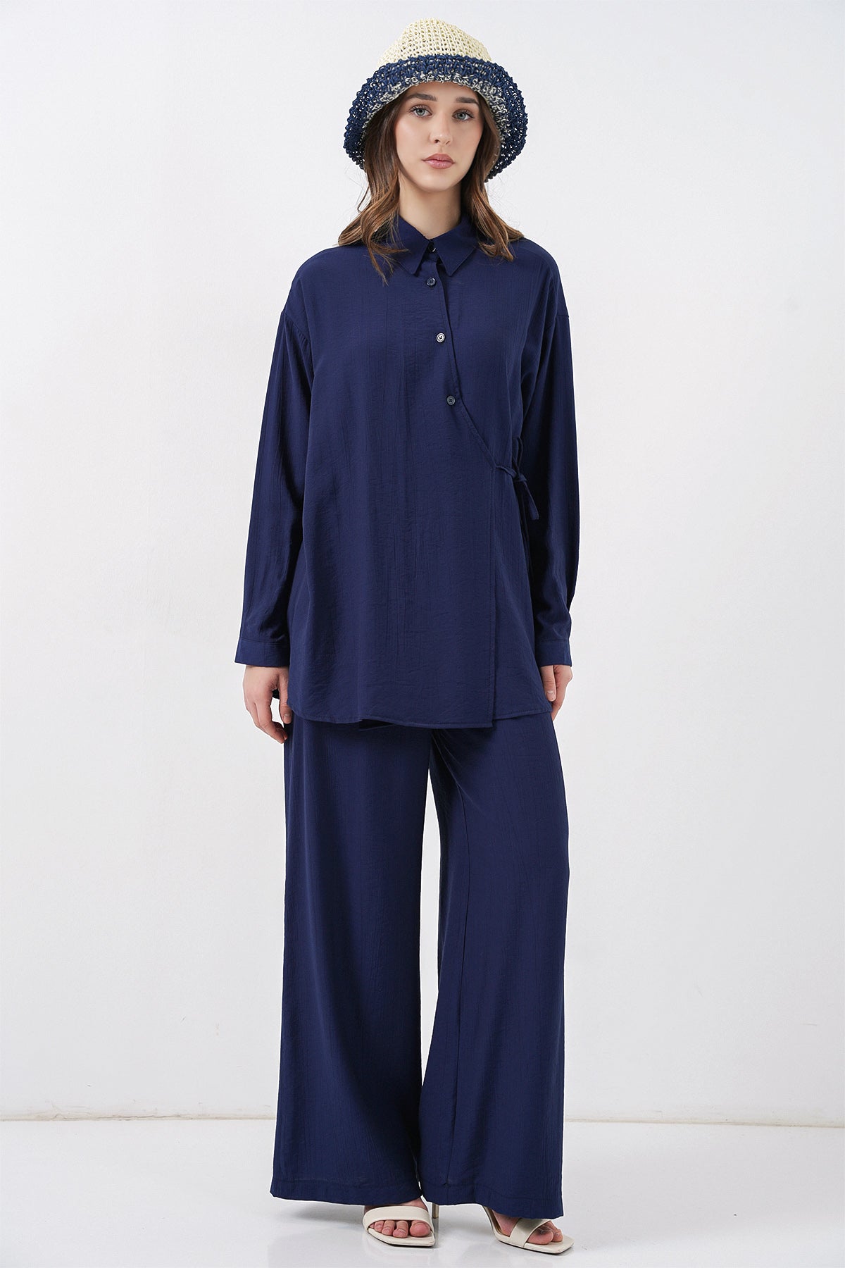 Kadın Bağcıklı Tunik Pantolon İkili Takım 6752 - Lacivert