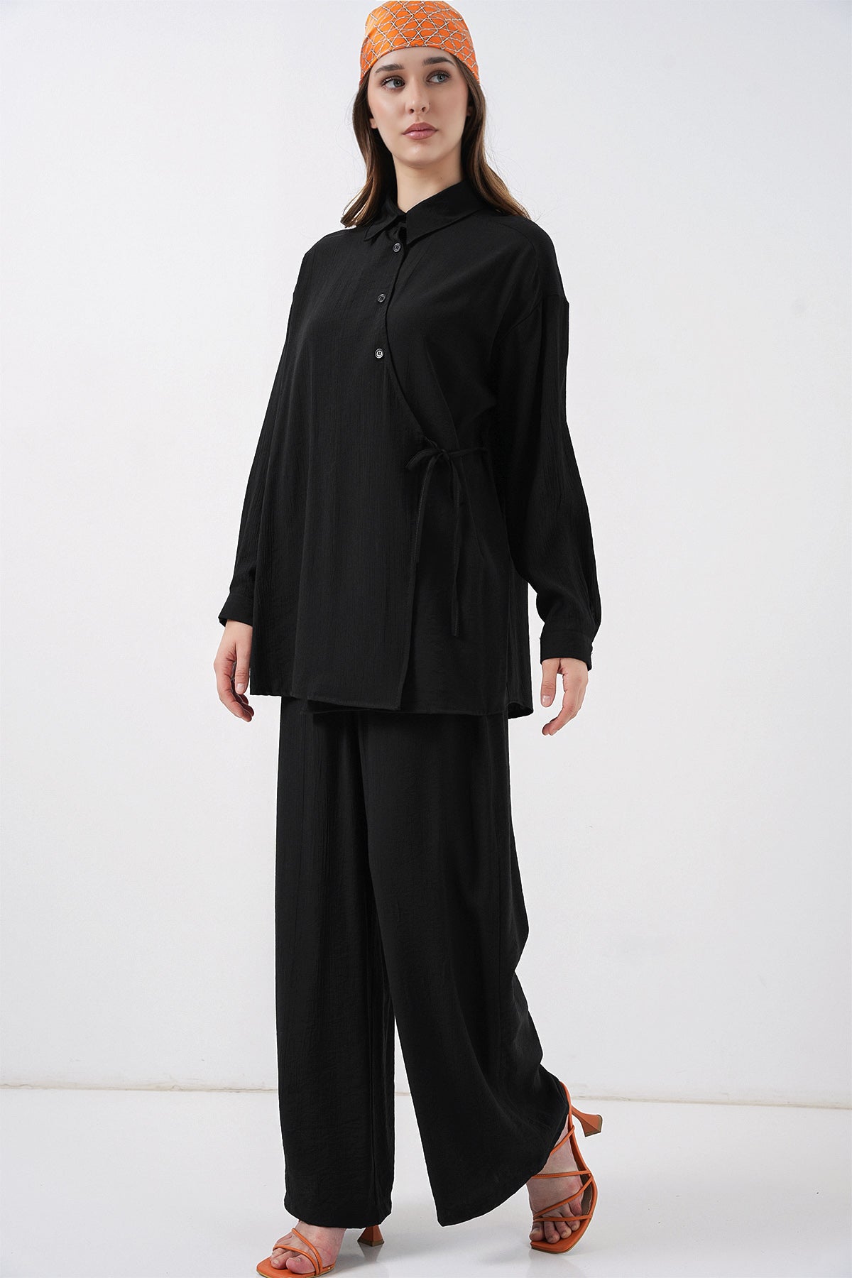 Kadın Bağcıklı Tunik Pantolon İkili Takım 6752 - Siyah