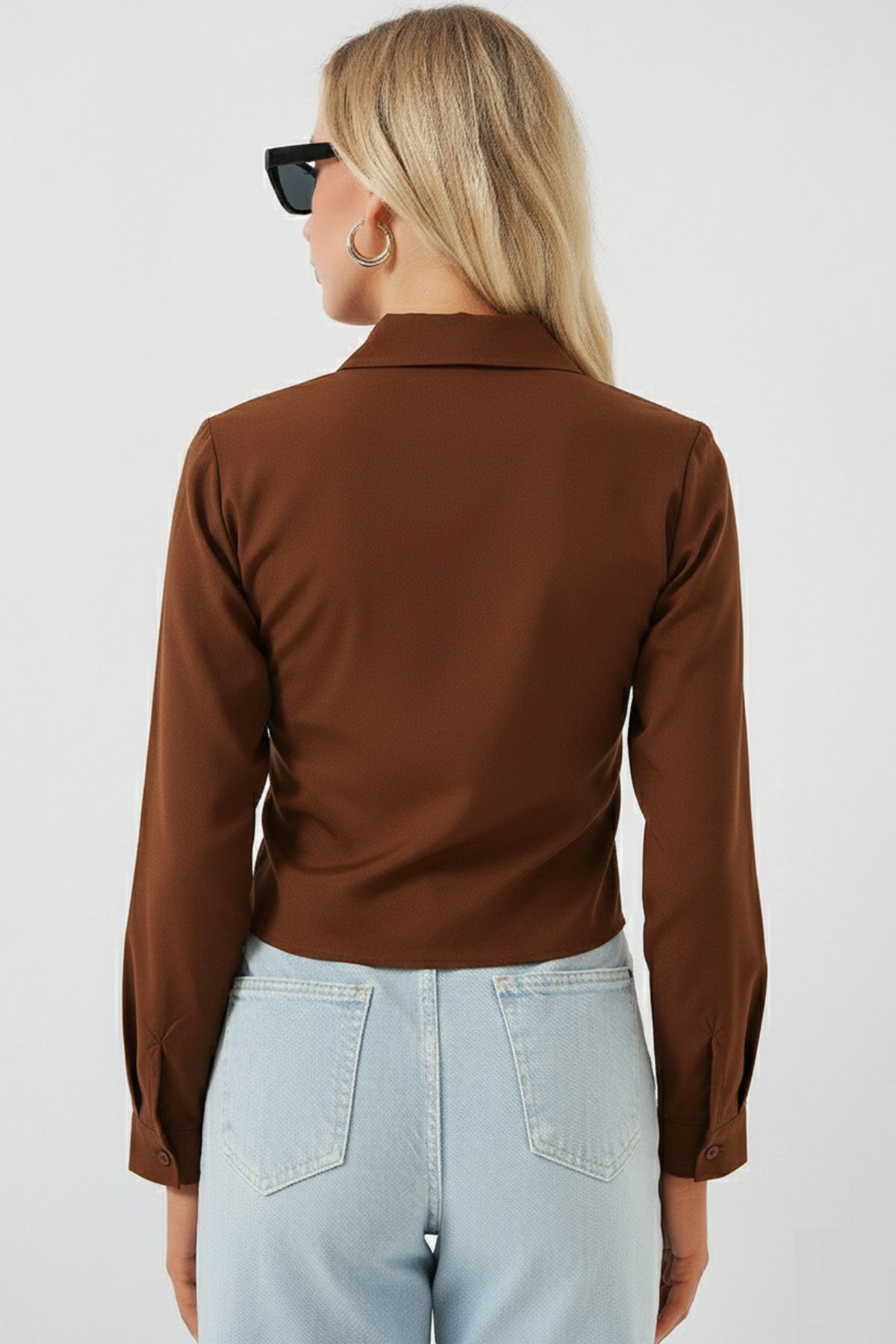 Kadın Bağlamalı Uzun Kol Gömlek 20325 - Kahverengi