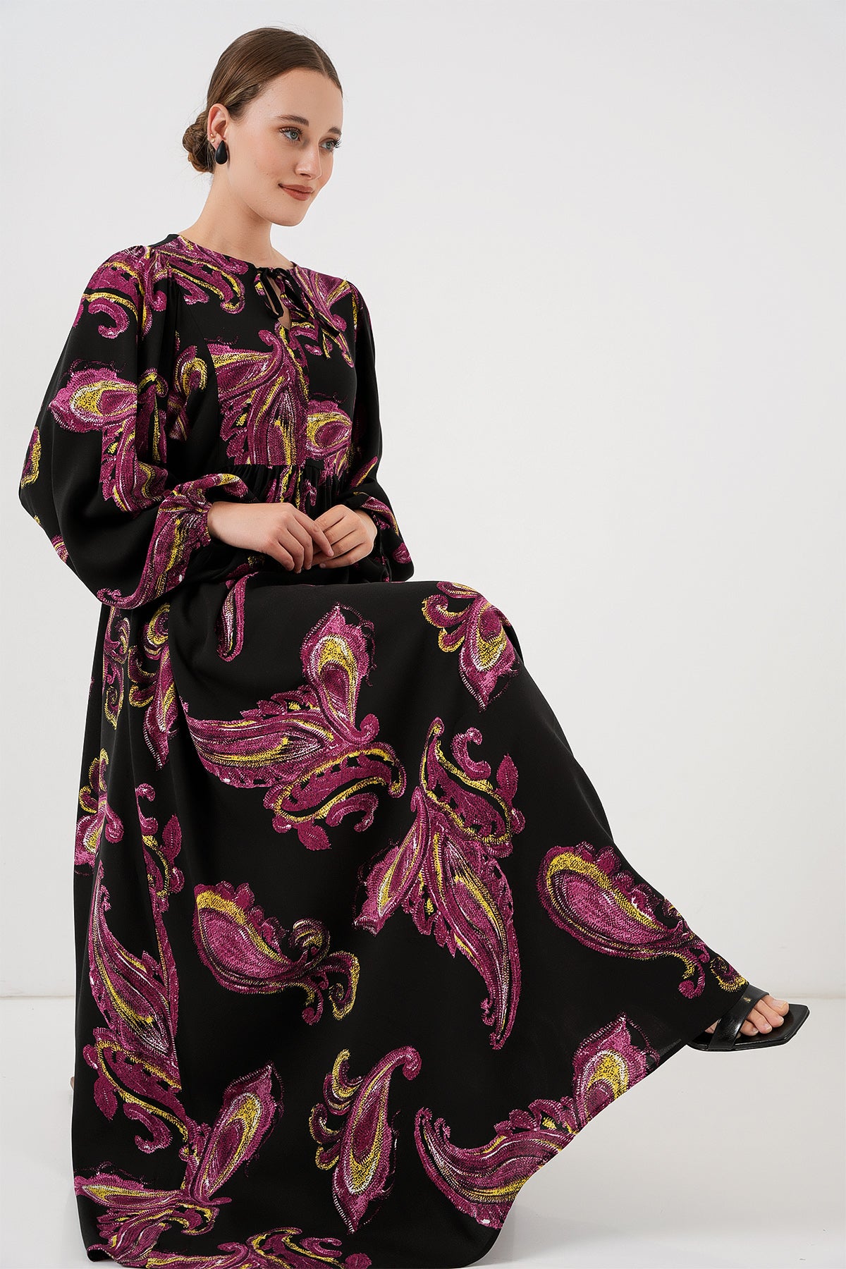 Kadın Balon Kol Uzun Tesettür Elbise 2464 - Y.Fuşya