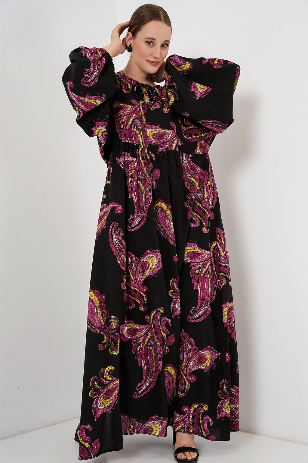 Kadın Balon Kol Uzun Tesettür Elbise 2464 - Y.Fuşya