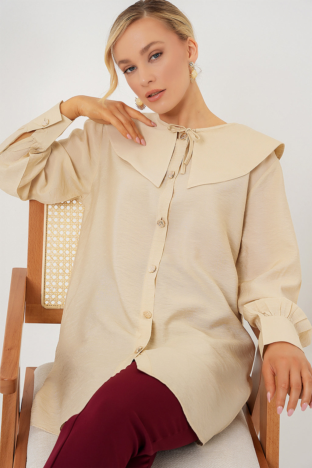 Kadın Bebe Yaka Uzun Tunik 5967 - Krem