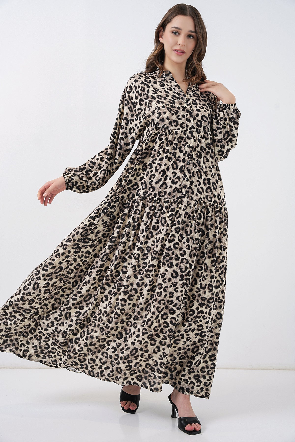 Kadın Bej Siyah Viskon Tesettür Elbise 2423