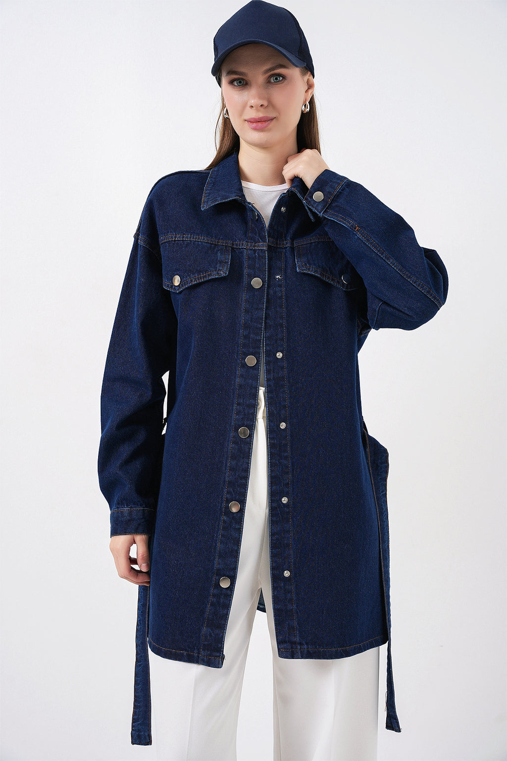 Kadın Boydan Düğmeli Kuşalı Kot Ceket 0740 - Lacivert