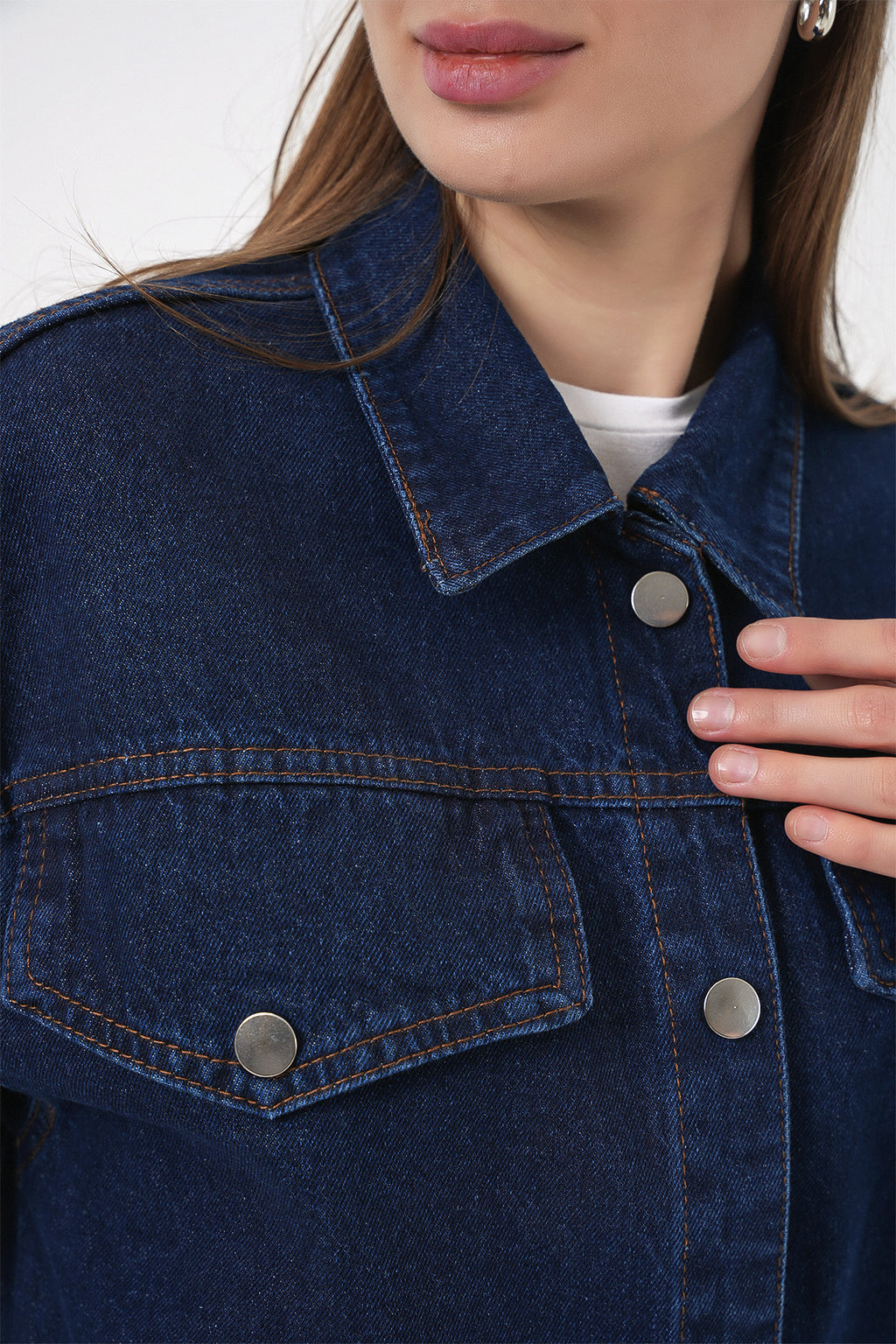 Kadın Boydan Düğmeli Kuşalı Kot Ceket 0740 - Lacivert