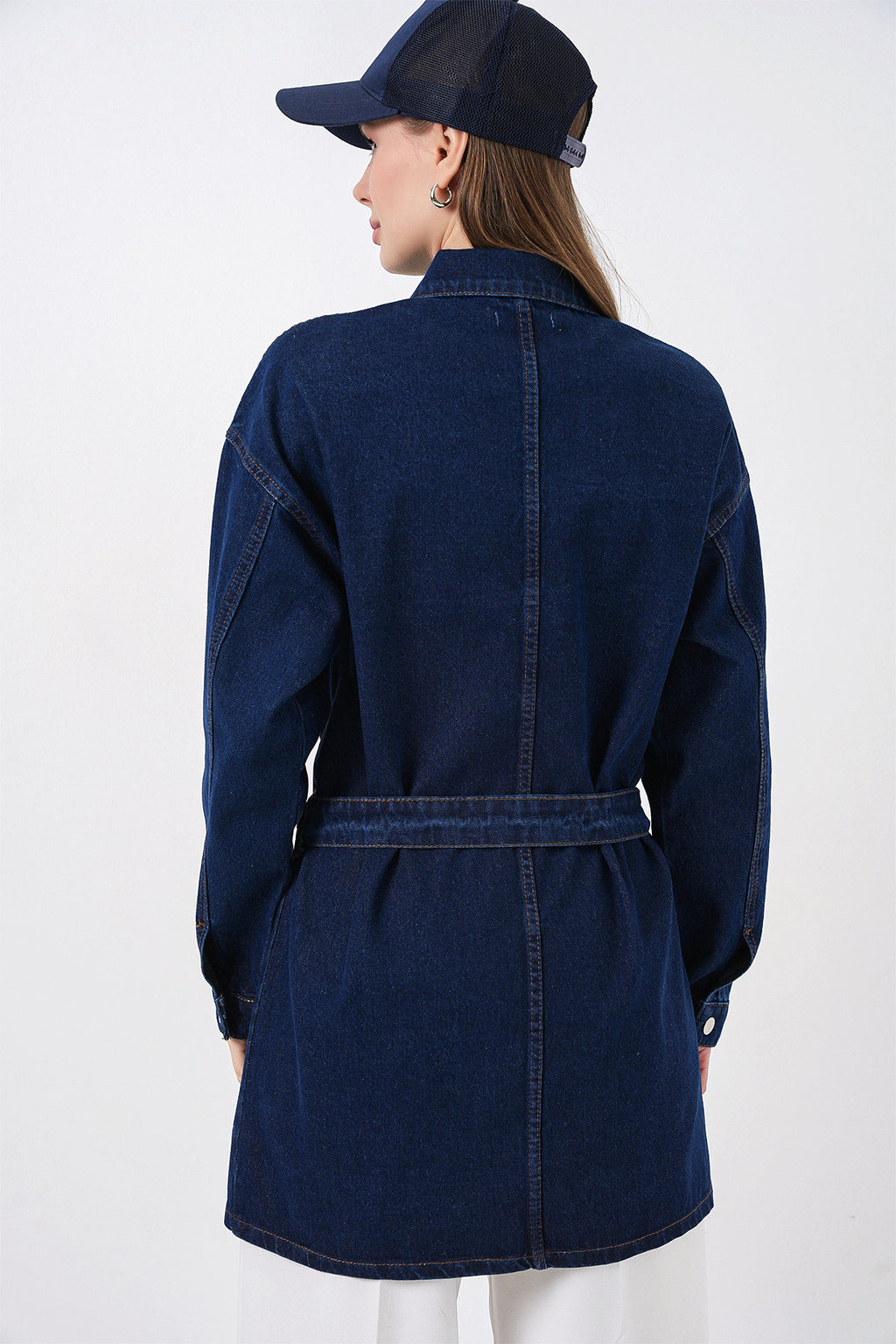 Kadın Boydan Düğmeli Kuşalı Kot Ceket 0740 - Lacivert