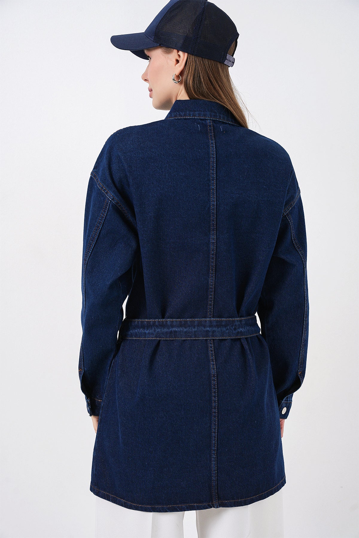 Kadın Boydan Düğmeli Kuşalı Kot Ceket 0740 - Lacivert