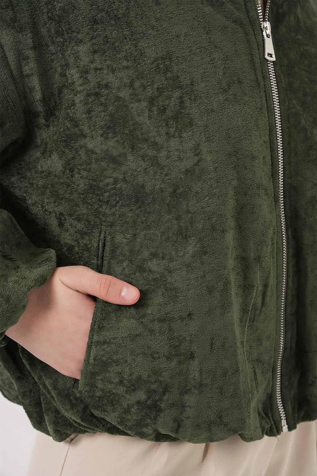 Kadın Büzgülü Oversize Kadife Ceket 0733 - Haki