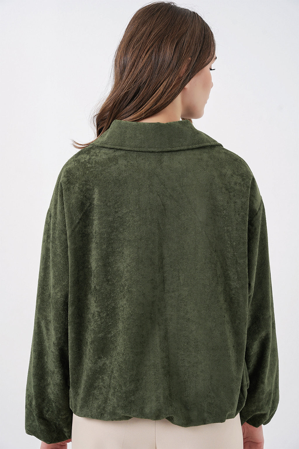 Kadın Büzgülü Oversize Kadife Ceket 0733 - Haki