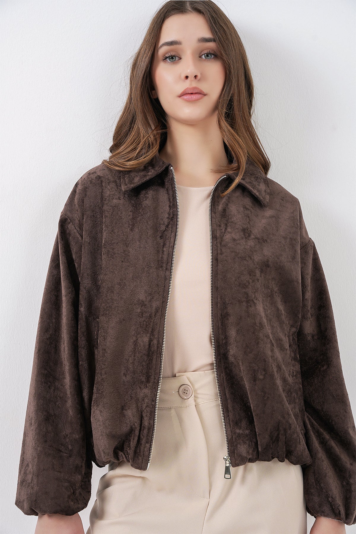 Kadın Büzgülü Oversize Kadife Ceket 0733 - Kahverengi