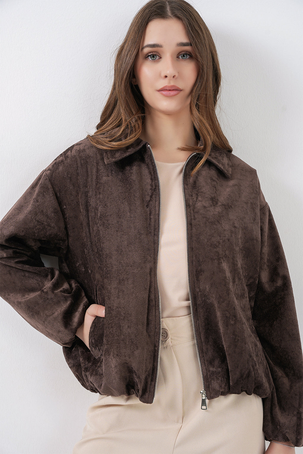 Kadın Büzgülü Oversize Kadife Ceket 0733 - Kahverengi