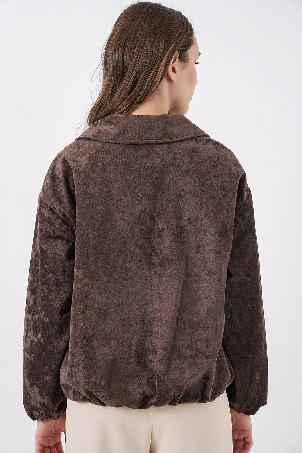 Kadın Büzgülü Oversize Kadife Ceket 0733 - Kahverengi