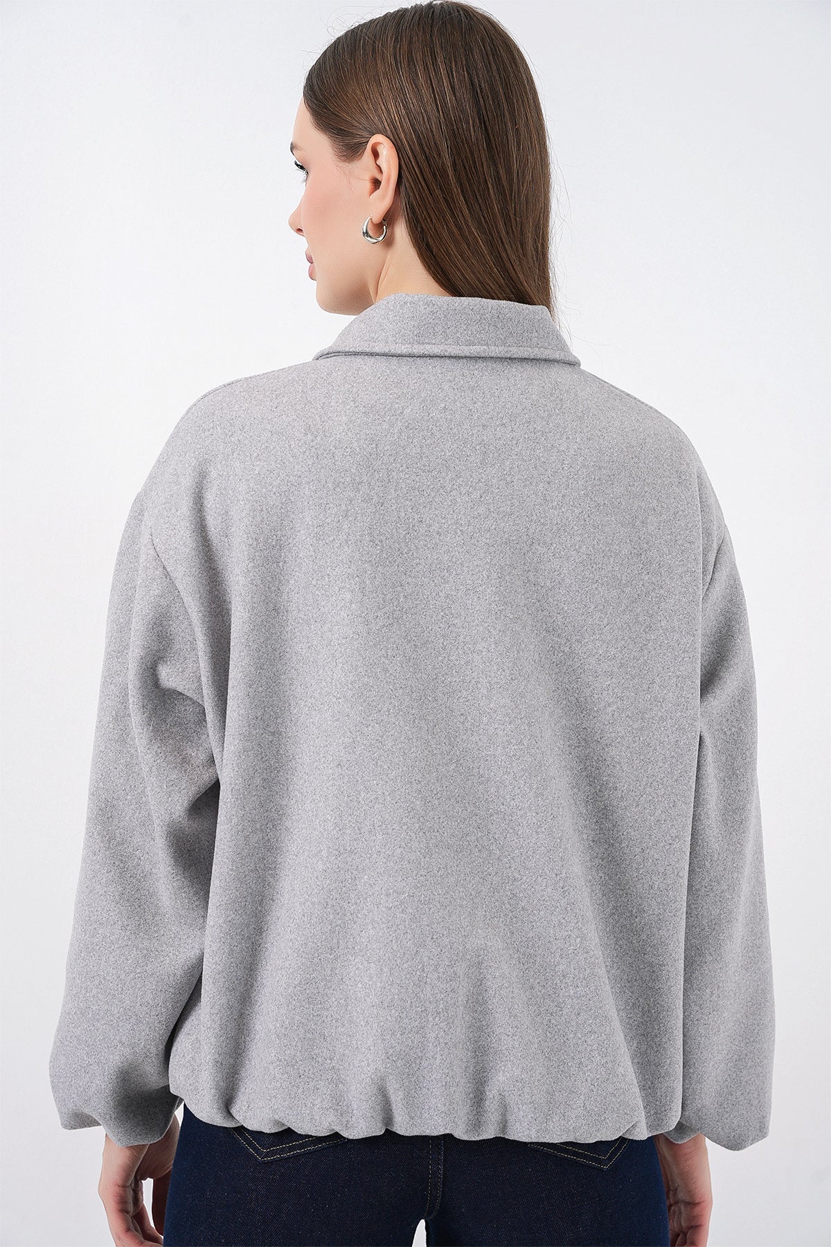Kadın Büzgülü Oversize Kaşe Ceket 0728 - A.Gri