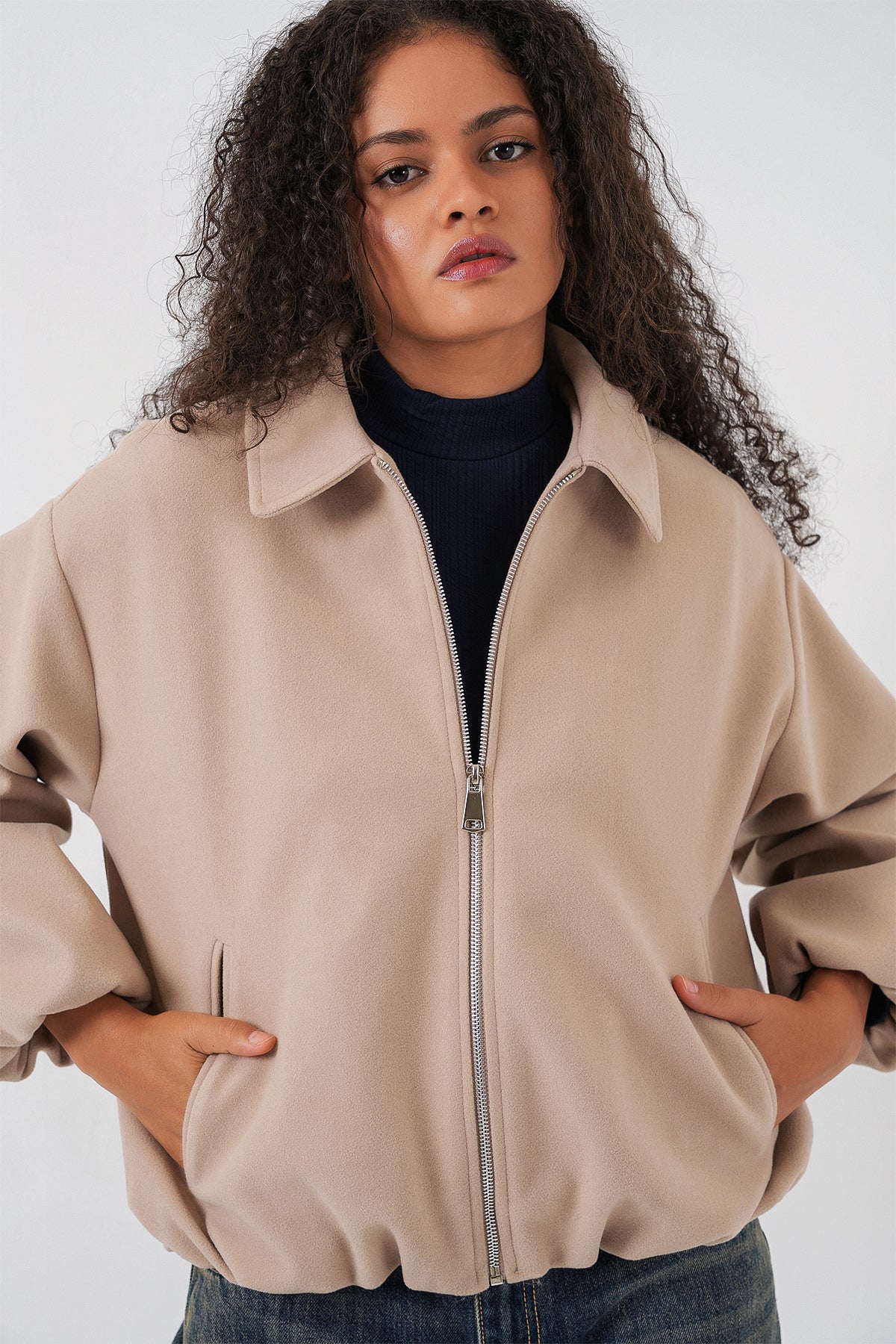 Kadın Büzgülü Oversize Kaşe Ceket 0728 - Bej