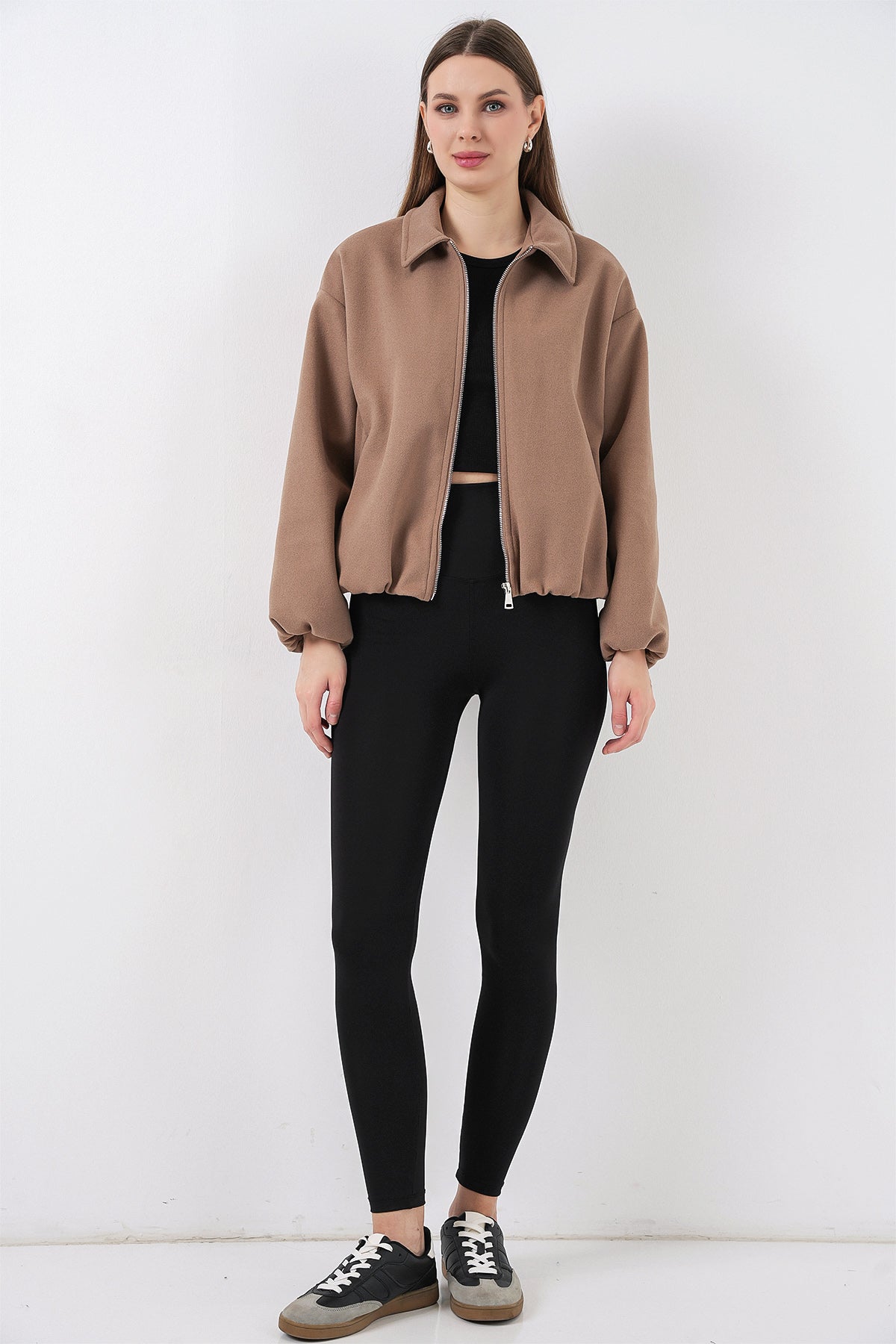 Kadın Büzgülü Oversize Kaşe Ceket 0728 - Bisküvi