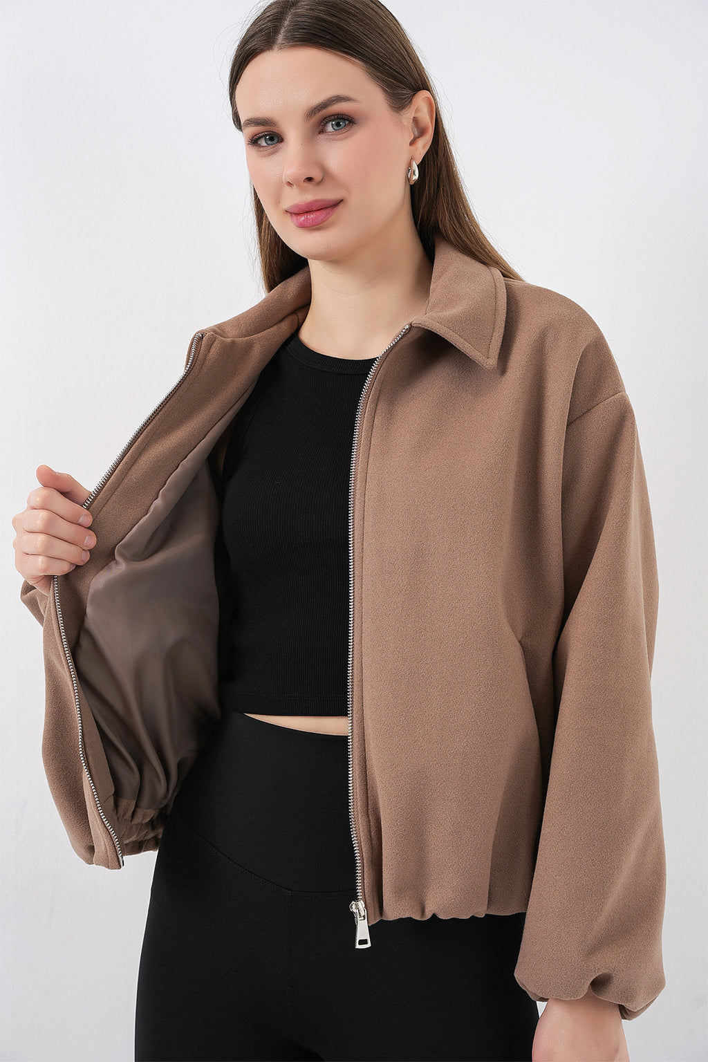 Kadın Büzgülü Oversize Kaşe Ceket 0728 - Bisküvi