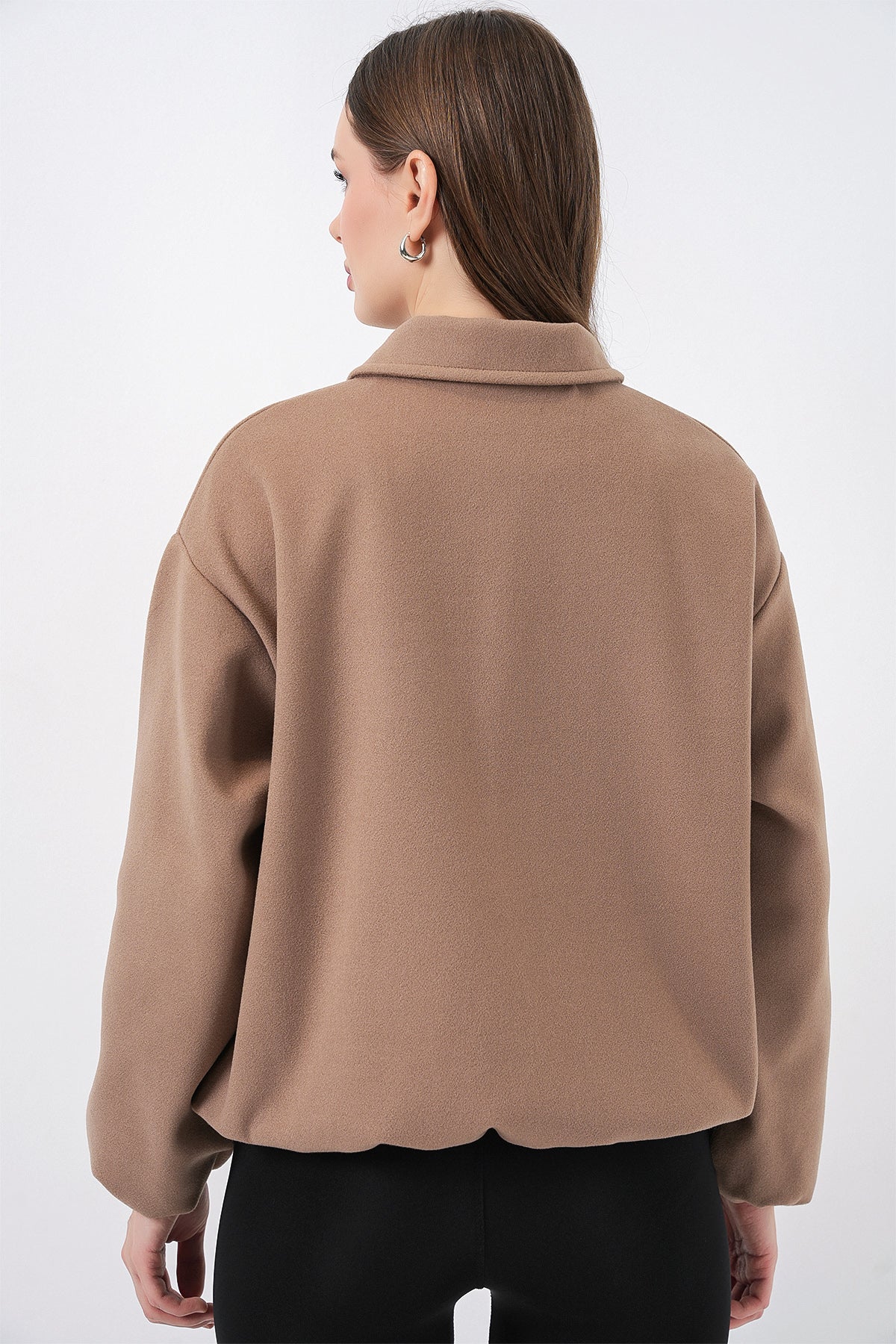 Kadın Büzgülü Oversize Kaşe Ceket 0728 - Bisküvi