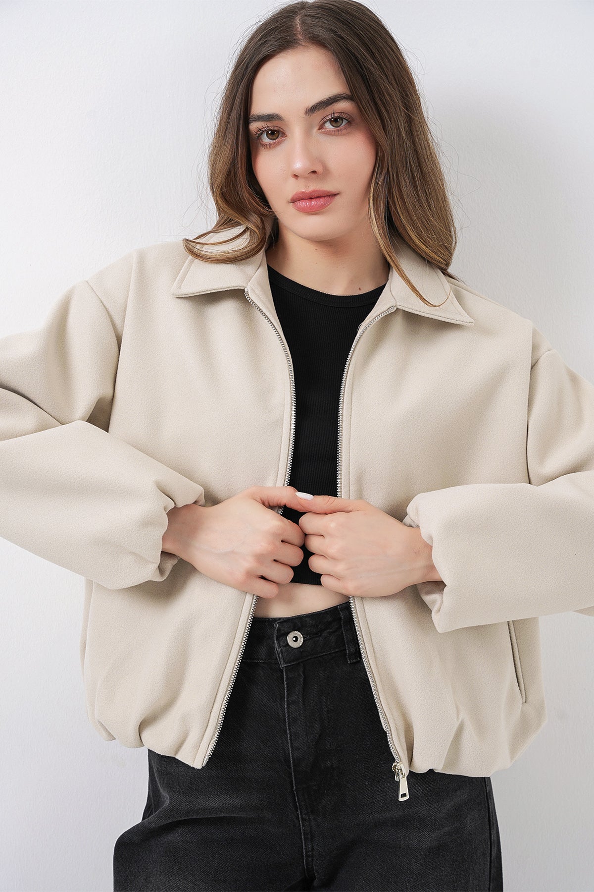 Kadın Büzgülü Oversize Kaşe Ceket 0728 - Ekru