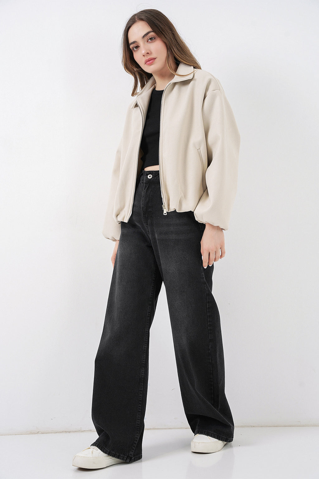 Kadın Büzgülü Oversize Kaşe Ceket 0728 - Ekru