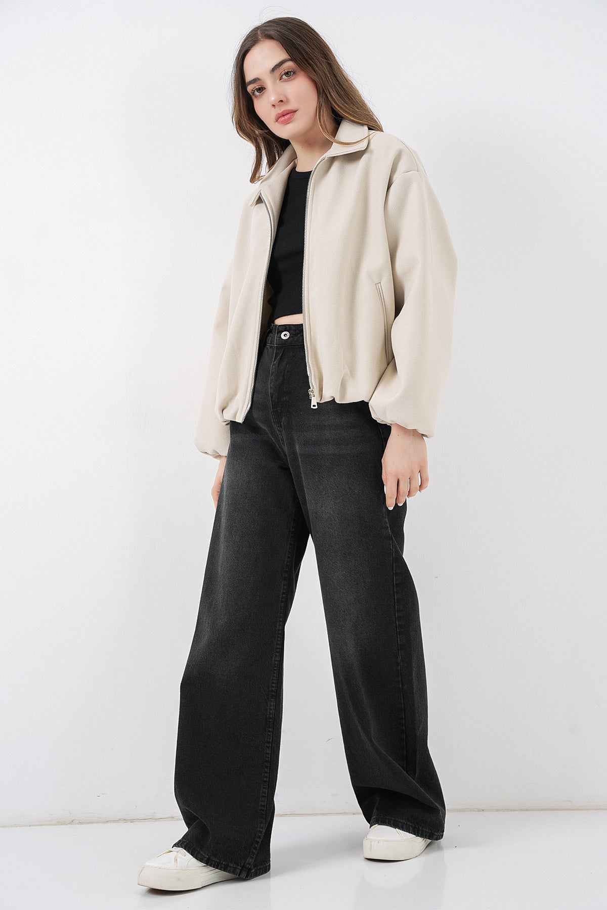 Kadın Büzgülü Oversize Kaşe Ceket 0728 - Ekru