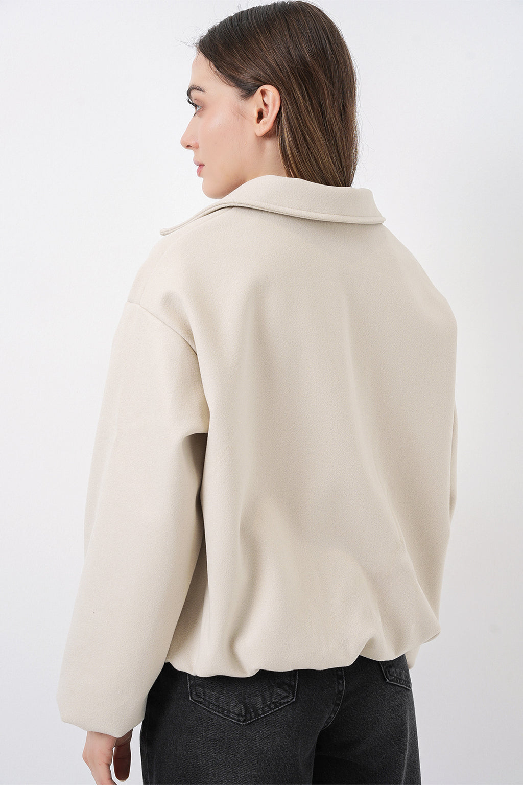 Kadın Büzgülü Oversize Kaşe Ceket 0728 - Ekru