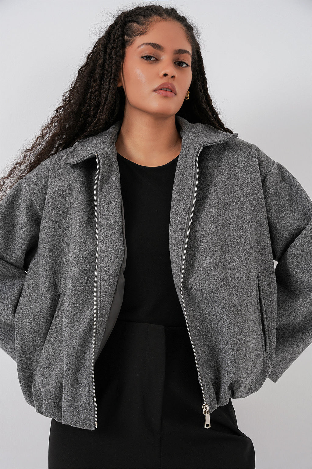 Kadın Büzgülü Oversize Kaşe Ceket 0728 - Gri