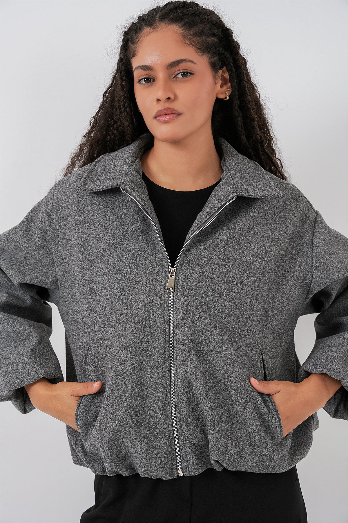 Kadın Büzgülü Oversize Kaşe Ceket 0728 - Gri