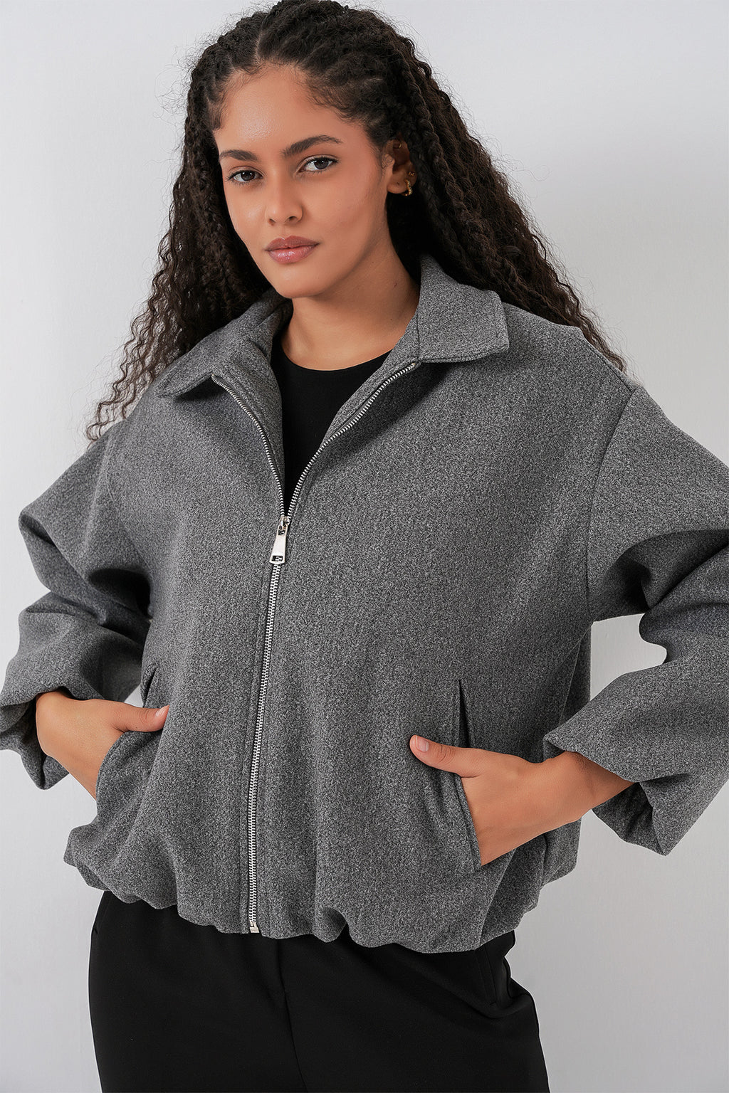 Kadın Büzgülü Oversize Kaşe Ceket 0728 - Gri