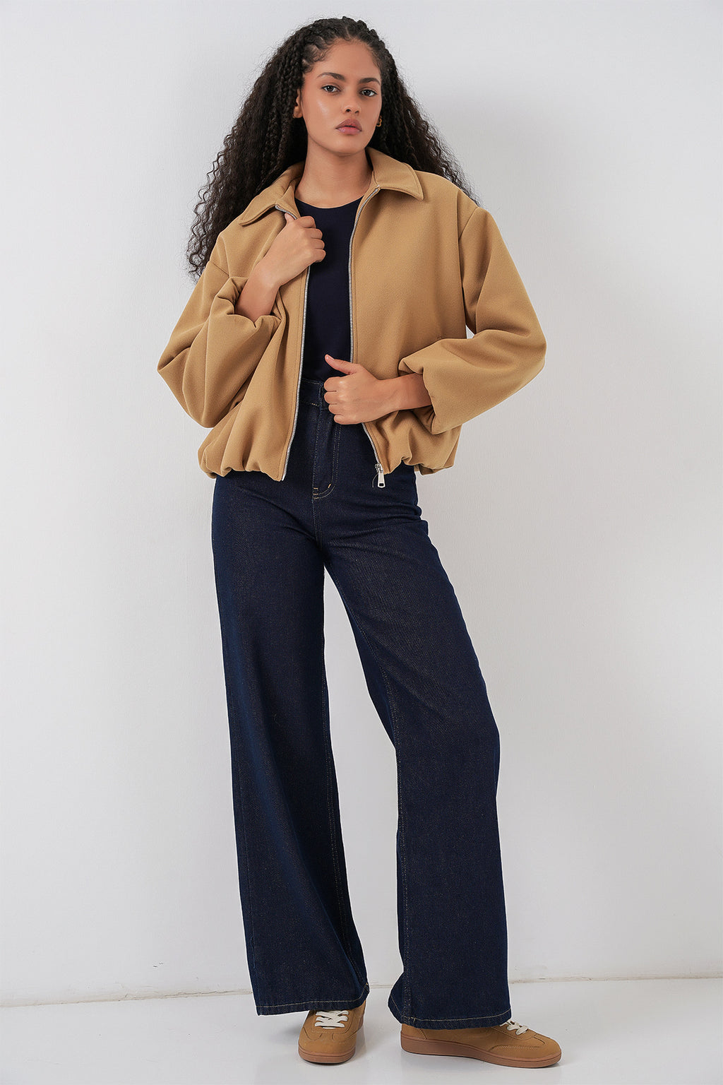 Kadın Büzgülü Oversize Kaşe Ceket 0728 - Hardal