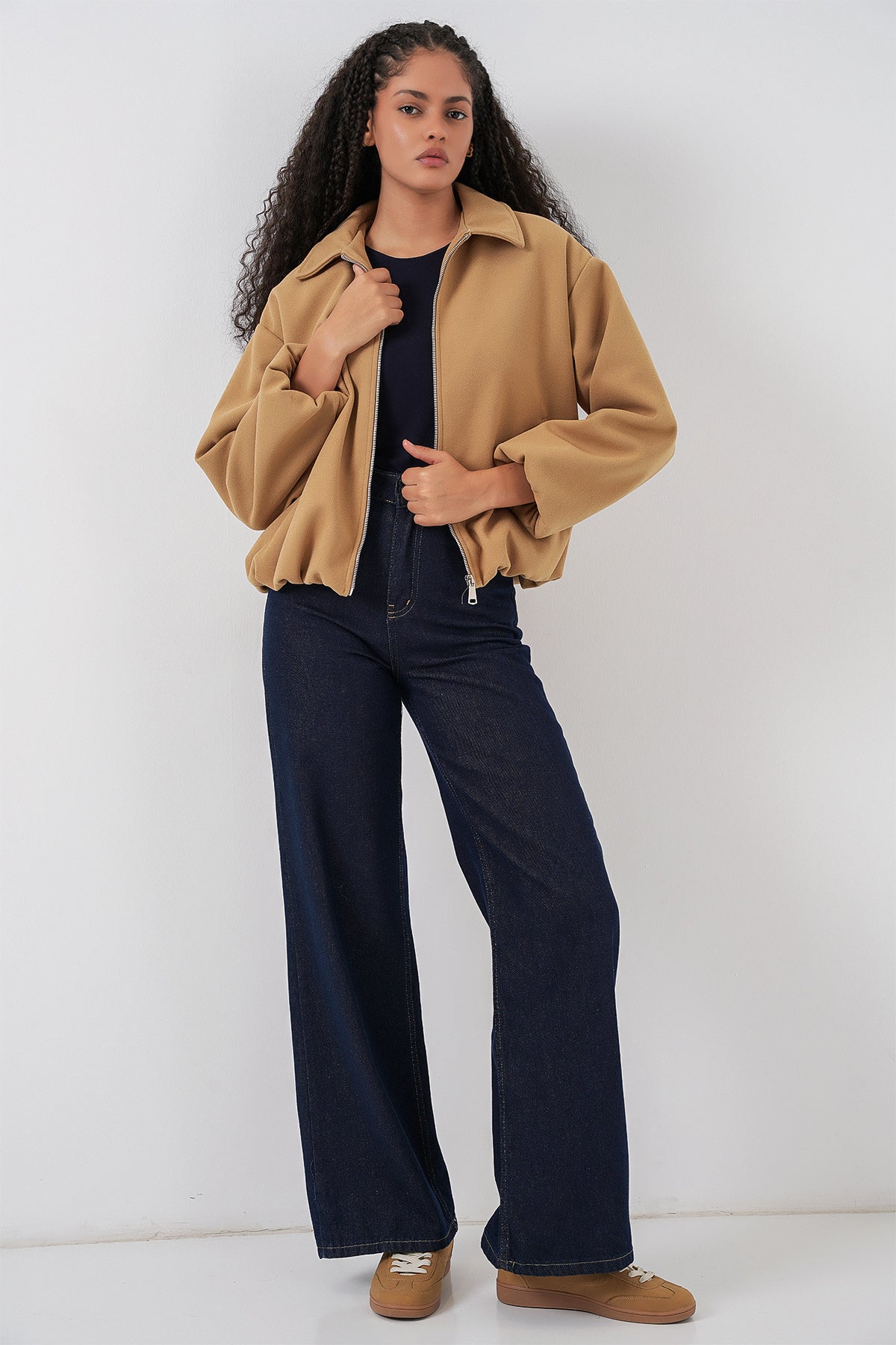 Kadın Büzgülü Oversize Kaşe Ceket 0728 - Hardal