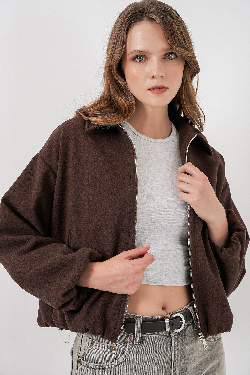 Kadın Büzgülü Oversize Kaşe Ceket 0728 - Kahverengi